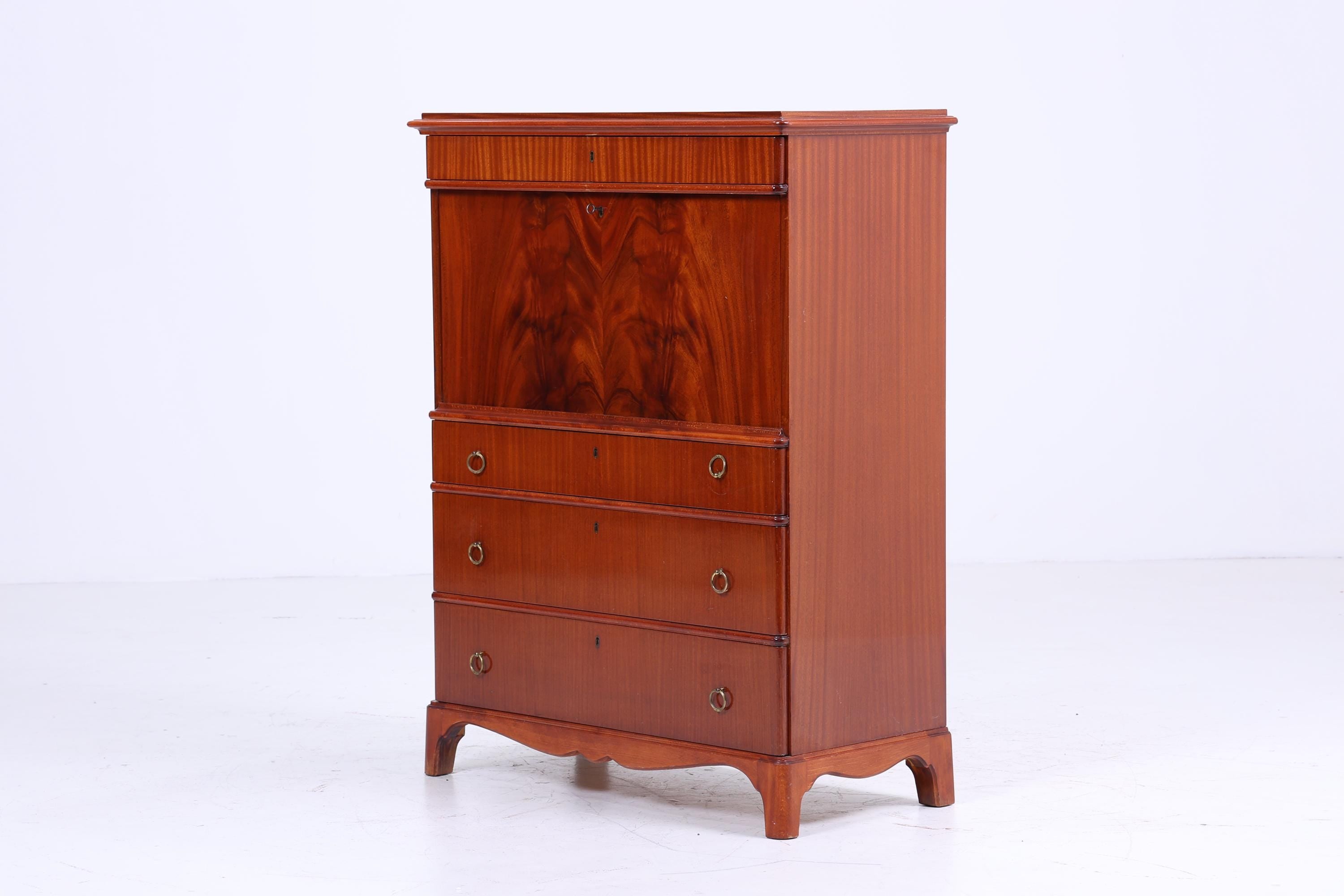 Vintage Sekretär aus Schweden | 1940er Schreibtisch Schrank | Mahagoni Highboard mit Messinggriffen | Nordic Design Retro Möbel | Holz Sekretär