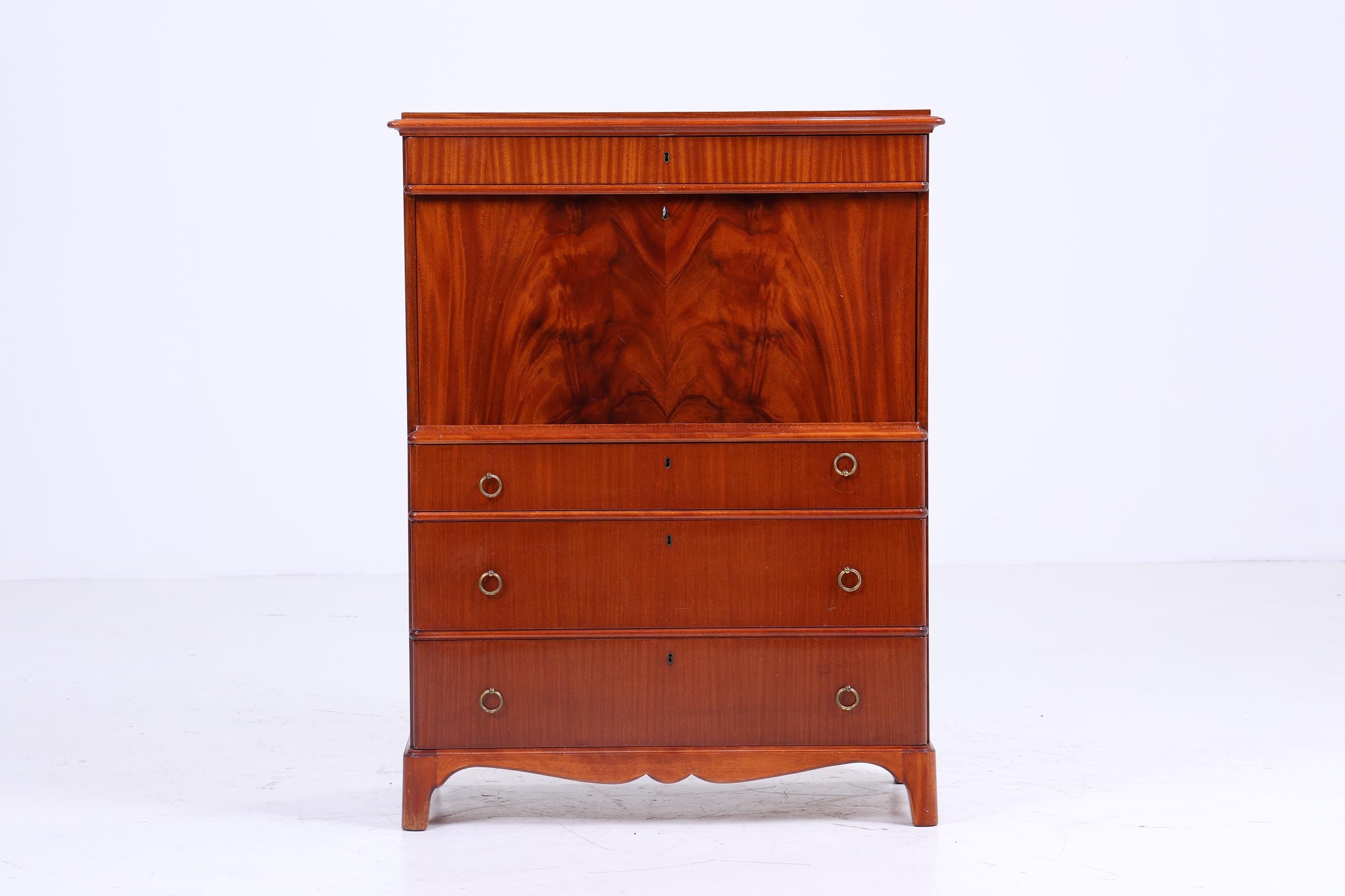 Vintage Sekretär aus Schweden | 1940er Schreibtisch Schrank | Mahagoni Highboard mit Messinggriffen | Nordic Design Retro Möbel | Holz Sekretär
