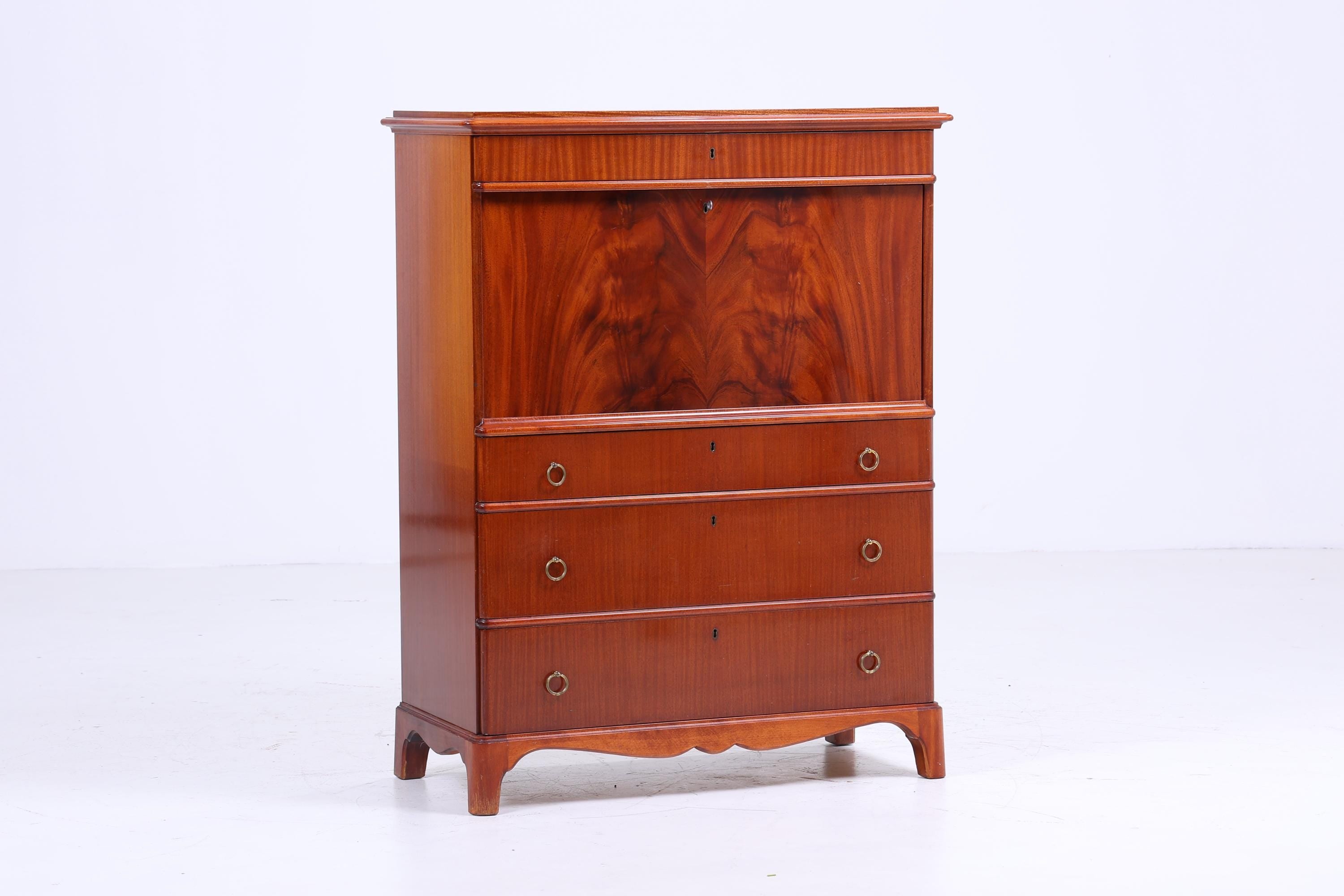 Vintage Sekretär aus Schweden | 1940er Schreibtisch Schrank | Mahagoni Highboard mit Messinggriffen | Nordic Design Retro Möbel | Holz Sekretär