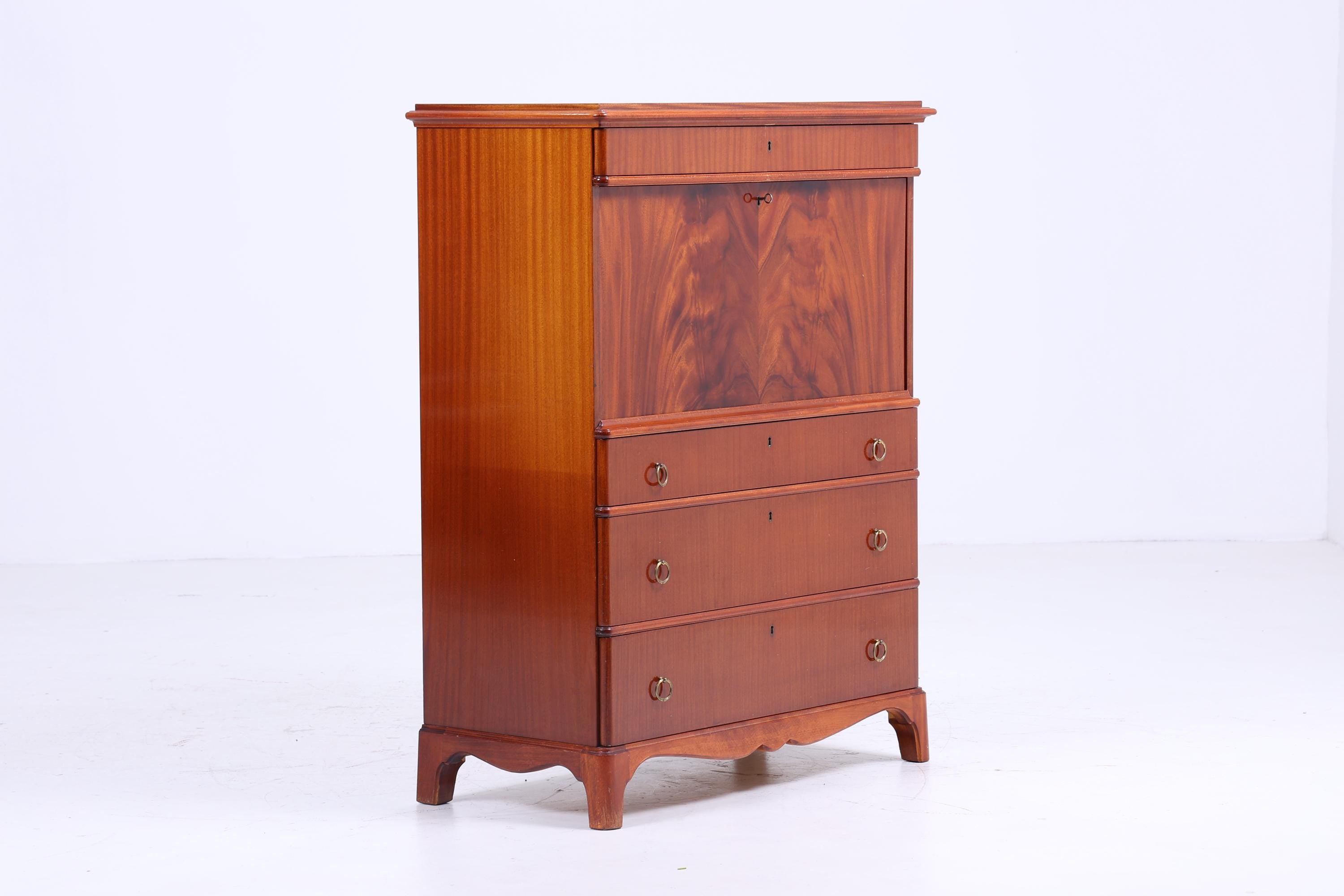 Vintage Sekretär aus Schweden | 1940er Schreibtisch Schrank | Mahagoni Highboard mit Messinggriffen | Nordic Design Retro Möbel | Holz Sekretär