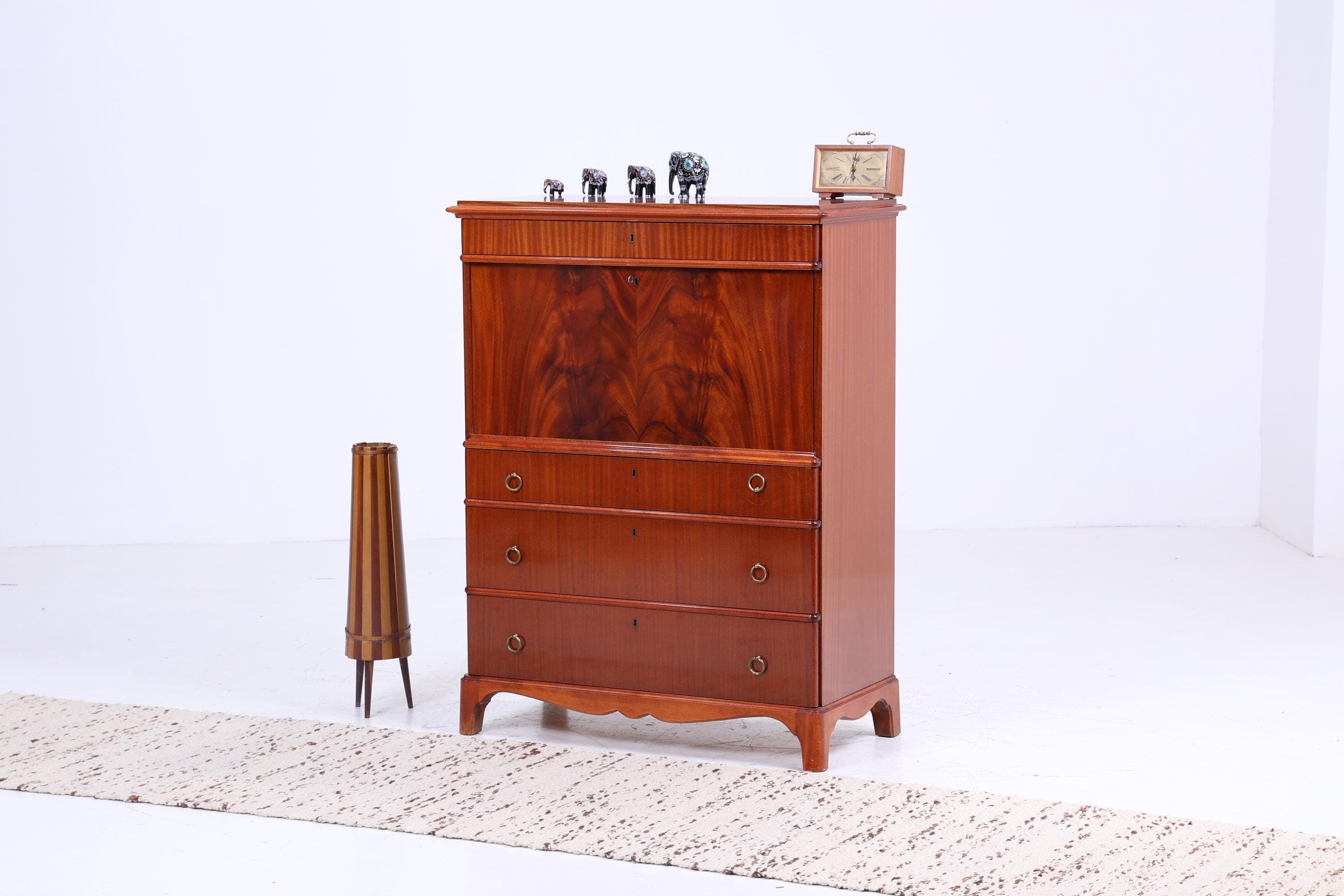 Vintage Sekretär aus Schweden | 1940er Schreibtisch Schrank | Mahagoni mit Messinggriffen | Nordic Design Retro Möbel | Holz Sekretär