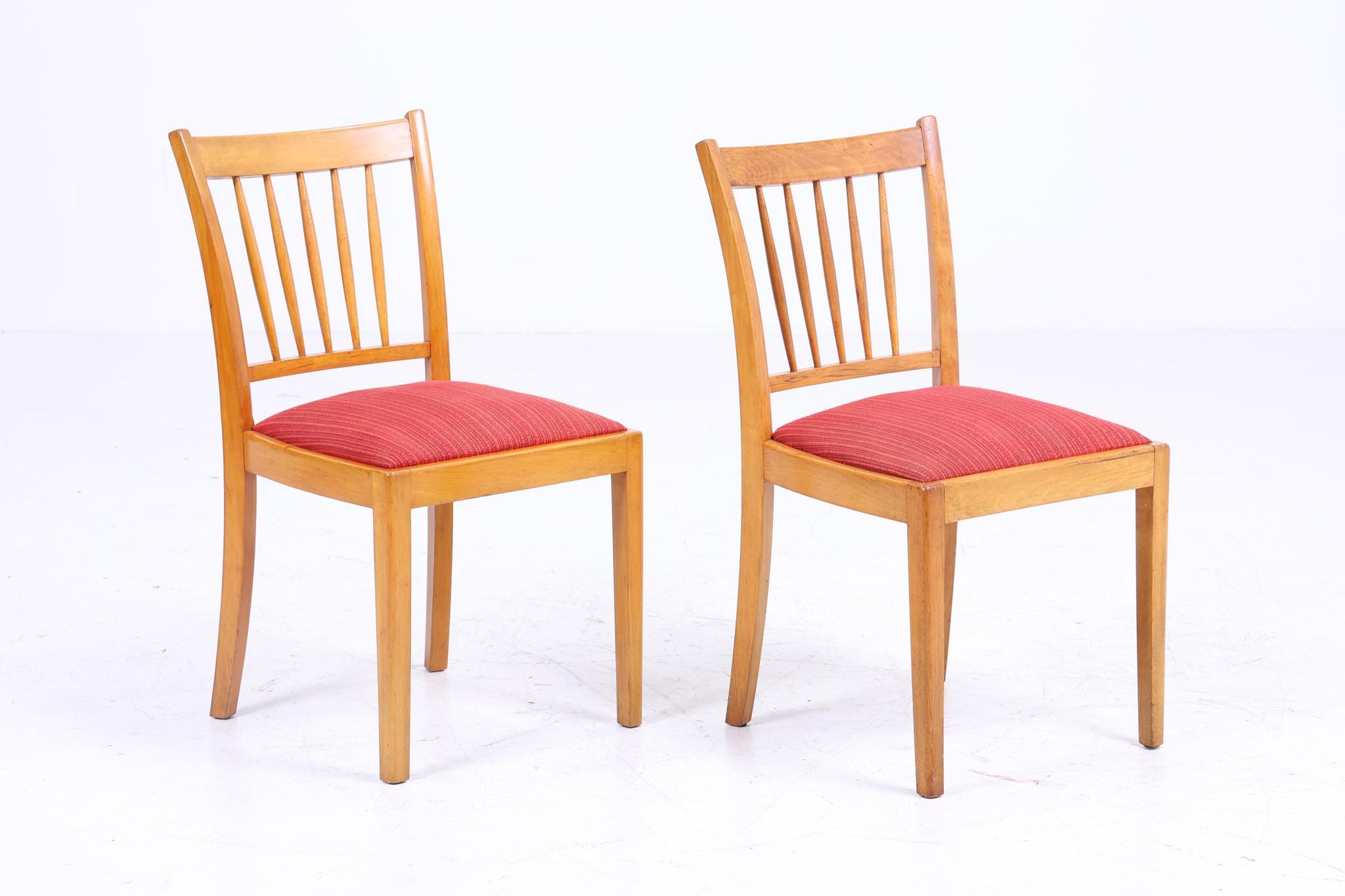 ❌SALE❌ 2er Set Vintage Buche Esszimmer Stühlen | Mid Century Stuhl 60er Jahre | Küchenstuhl Rot Stoff Bezug