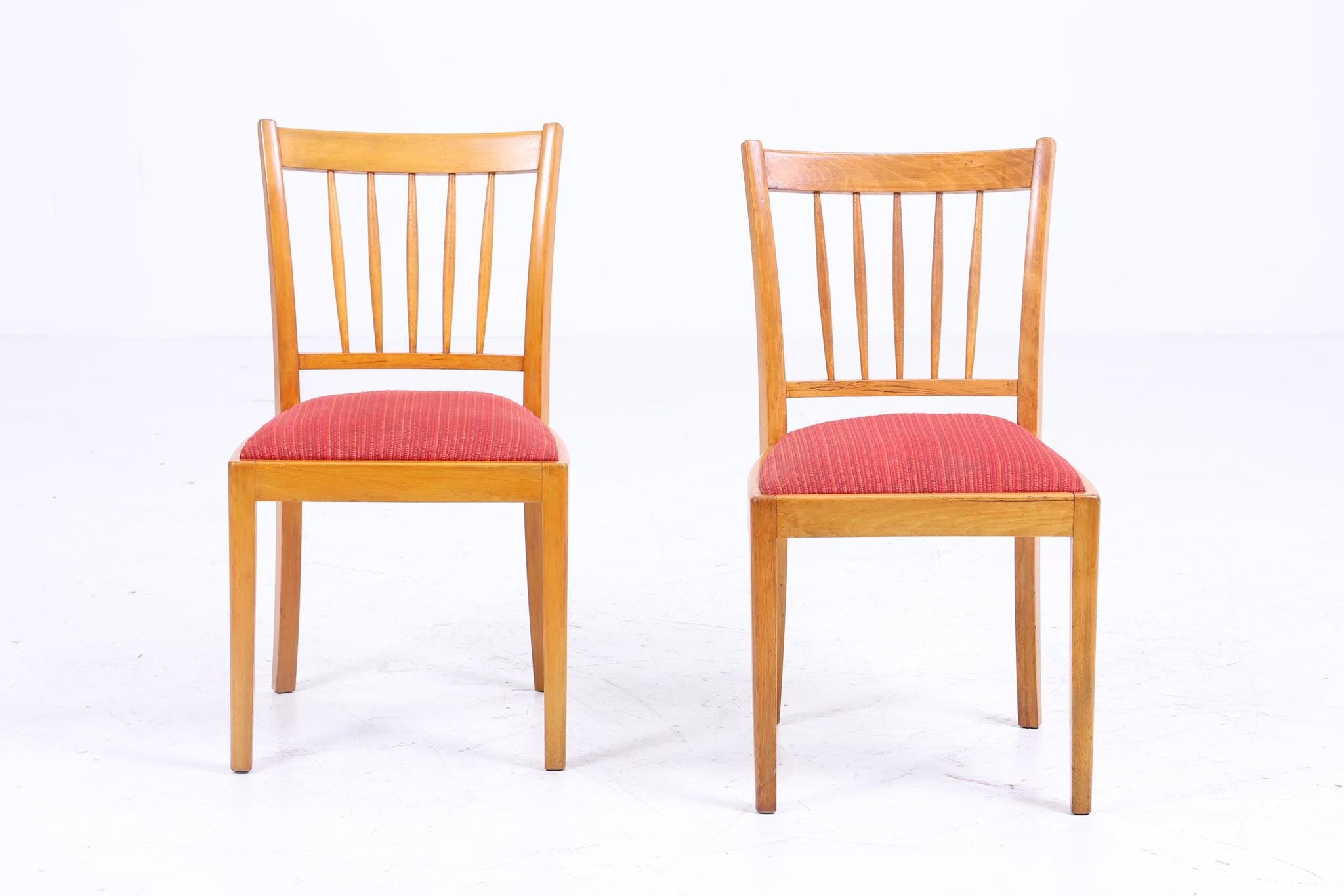 ❌SALE❌ 2er Set Vintage Buche Esszimmer Stühlen | Mid Century Stuhl 60er Jahre | Küchenstuhl Rot Stoff Bezug