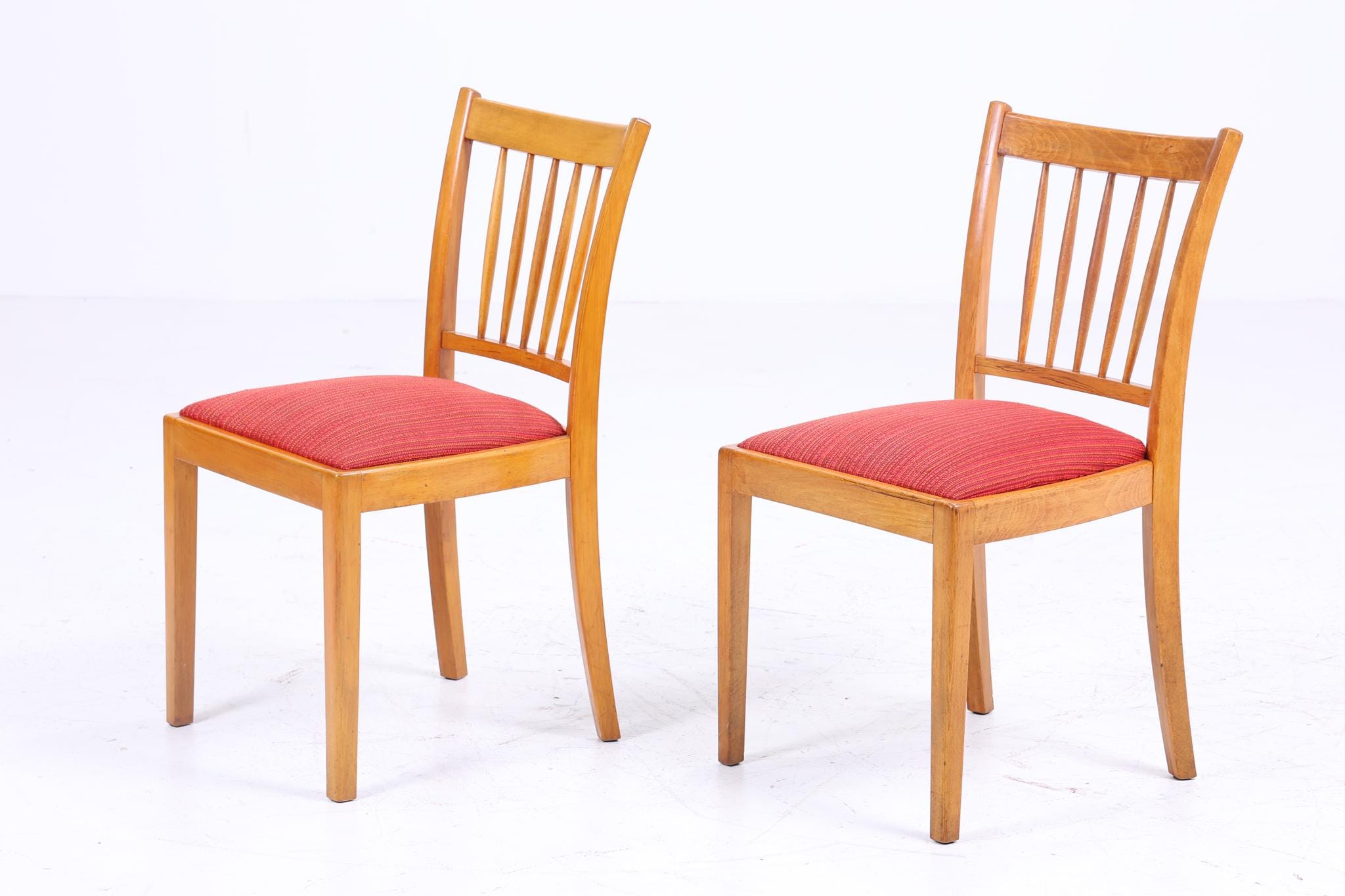 ❌SALE❌ 2er Set Vintage Buche Esszimmer Stühlen | Mid Century Stuhl 60er Jahre | Küchenstuhl Rot Stoff Bezug