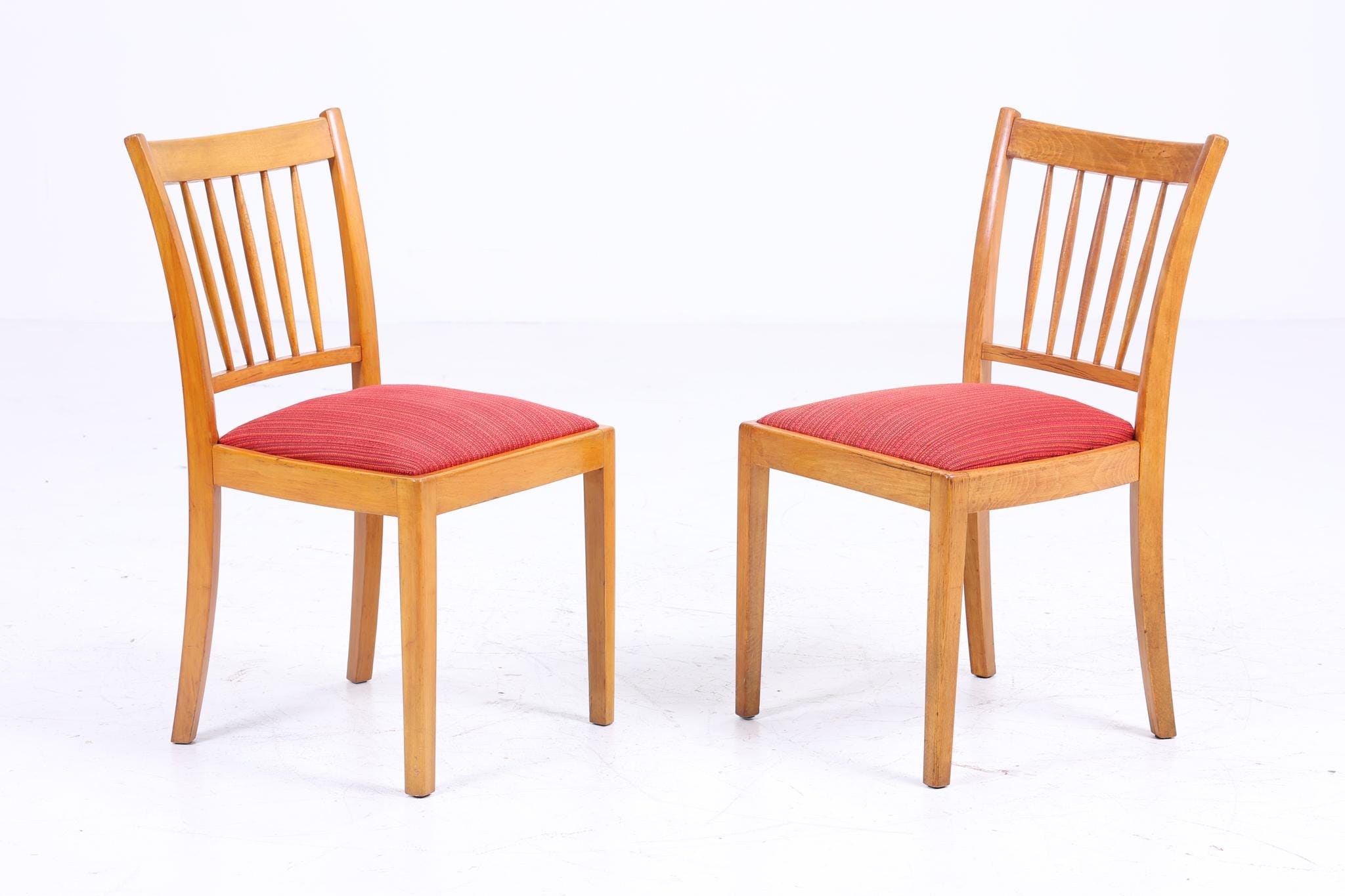 ❌SALE❌ 2er Set Vintage Buche Esszimmer Stühlen | Mid Century Stuhl 60er Jahre | Küchenstuhl Rot Stoff Bezug