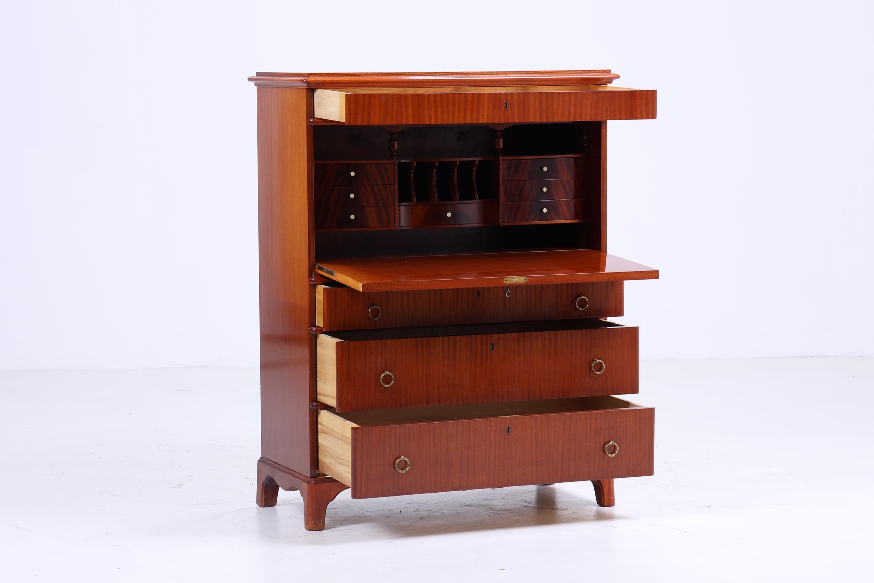 Vintage Sekretär aus Schweden | 1940er Schreibtisch Schrank | Mahagoni Highboard mit Messinggriffen | Nordic Design Retro Möbel | Holz Sekretär