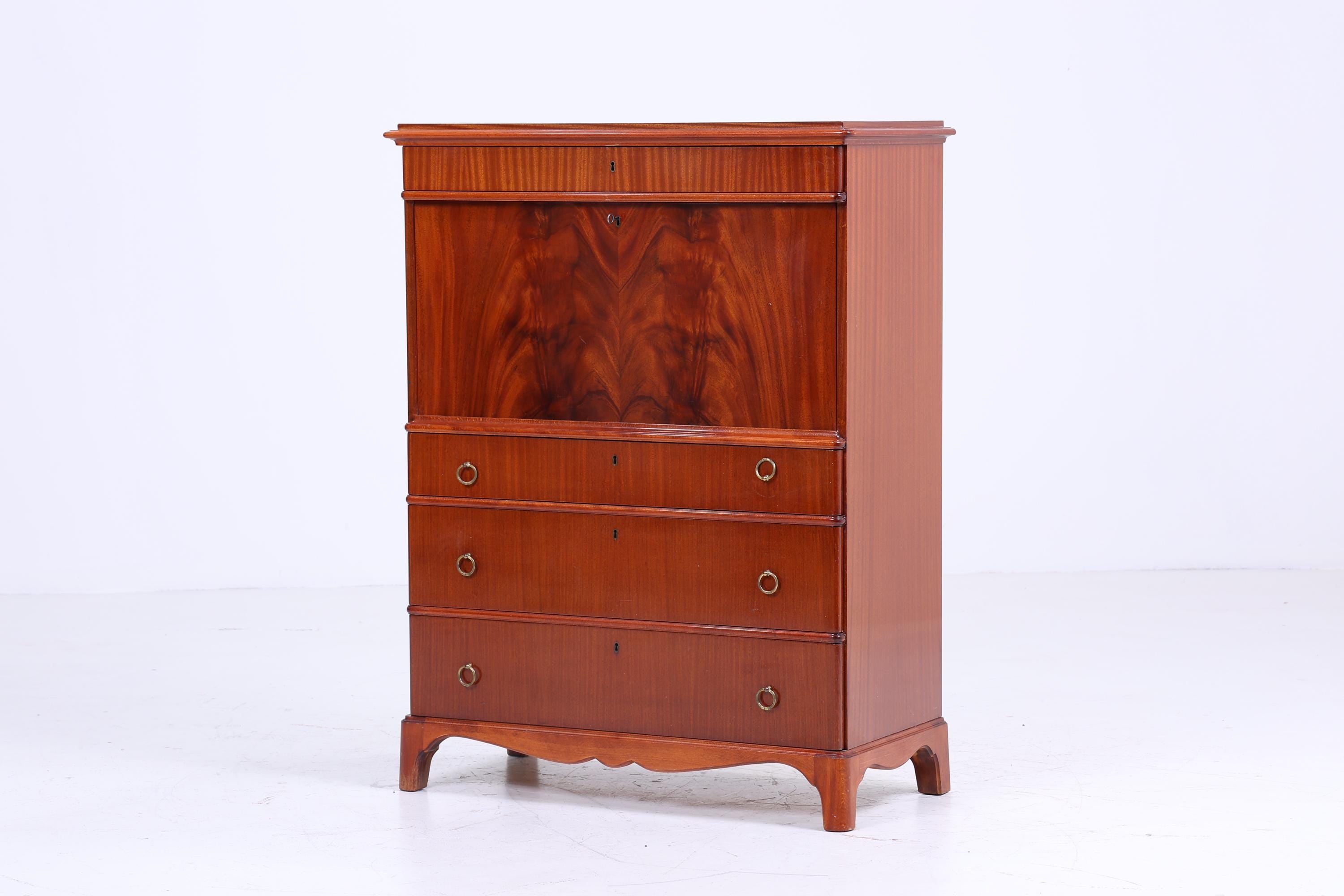 Vintage Sekretär aus Schweden | 1940er Schreibtisch Schrank | Mahagoni Highboard mit Messinggriffen | Nordic Design Retro Möbel | Holz Sekretär
