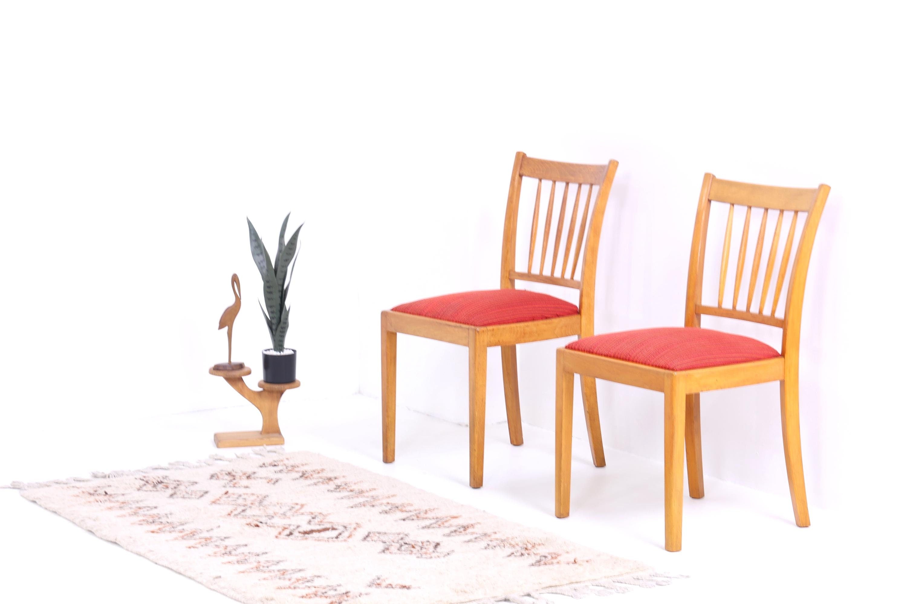 ❌SALE❌ 2er Set Vintage Buche Esszimmer Stühlen | Mid Century Stuhl 60er Jahre | Küchenstuhl Rot Stoff Bezug