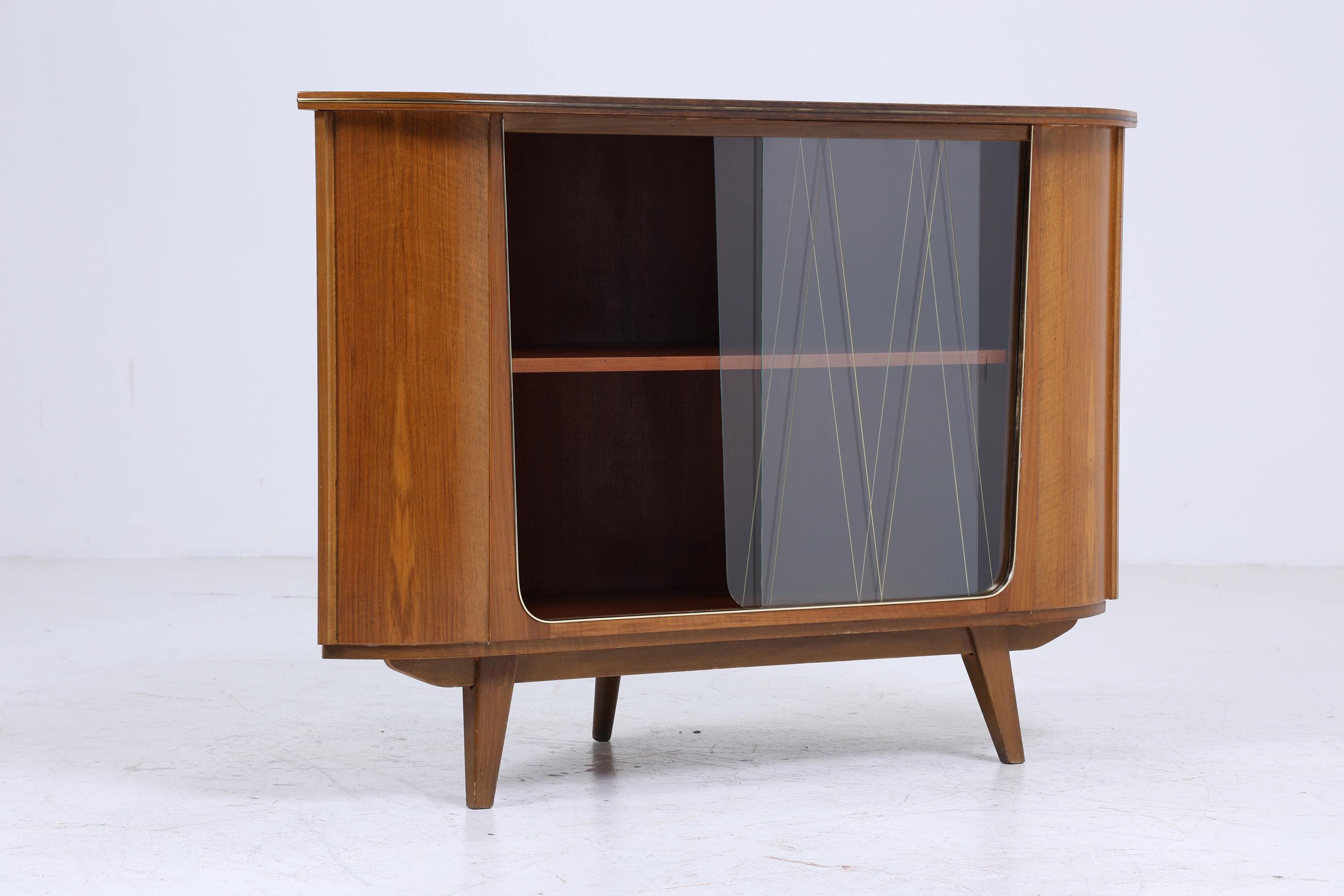 ❌SALE❌ Vintage Eckkommode mit Glasschiebetüren | Mid Century Kommode Schrank Retro 60er 70er Holz Aufbewahrung