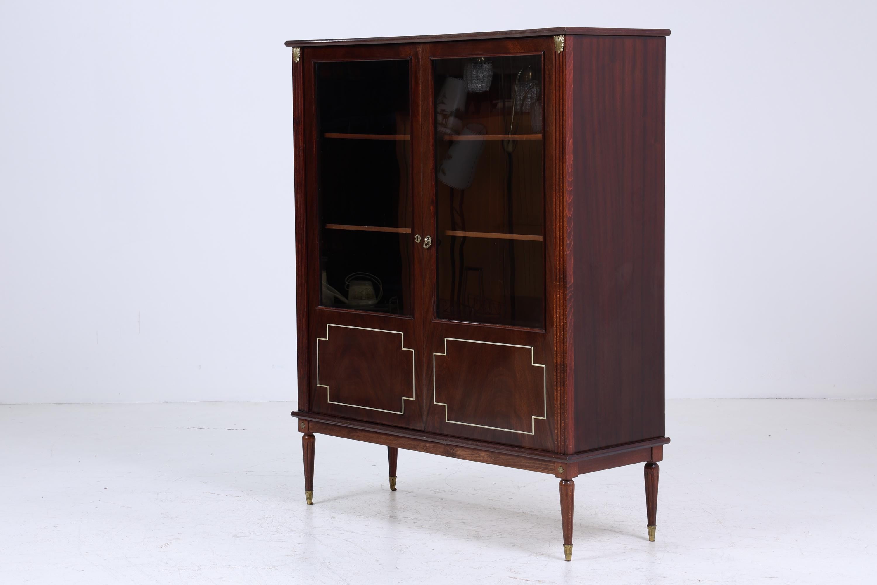 ❌SALE❌ Vintage Mid Century Vitrine aus Mahagoni Holz & Glas | Schrank mit Messingdetails | 1950er Retro Design Wohnzimmer Esszimmer Möbel