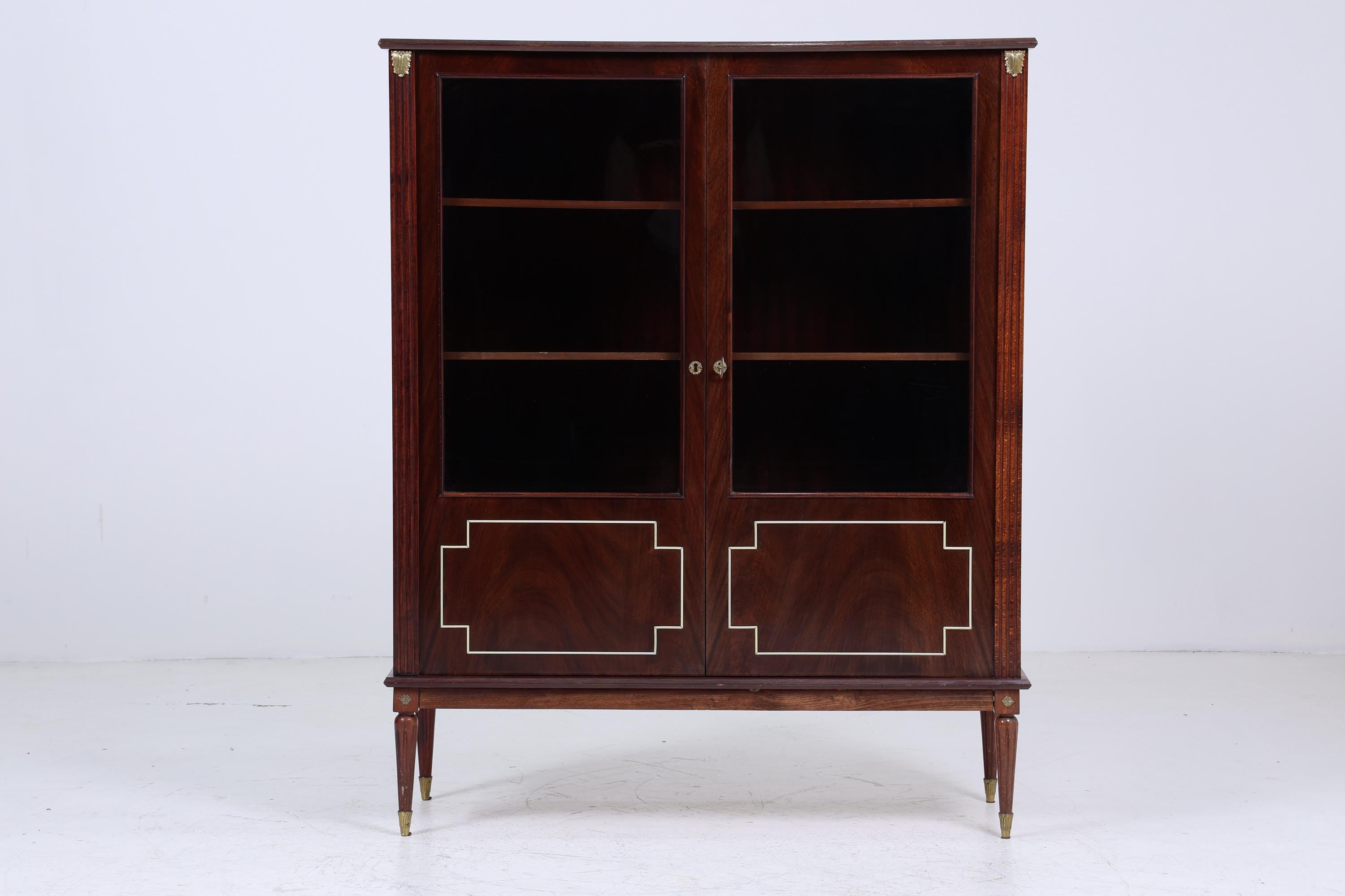 ❌SALE❌ Vintage Mid Century Vitrine aus Mahagoni Holz & Glas | Schrank mit Messingdetails | 1950er Retro Design Wohnzimmer Esszimmer Möbel