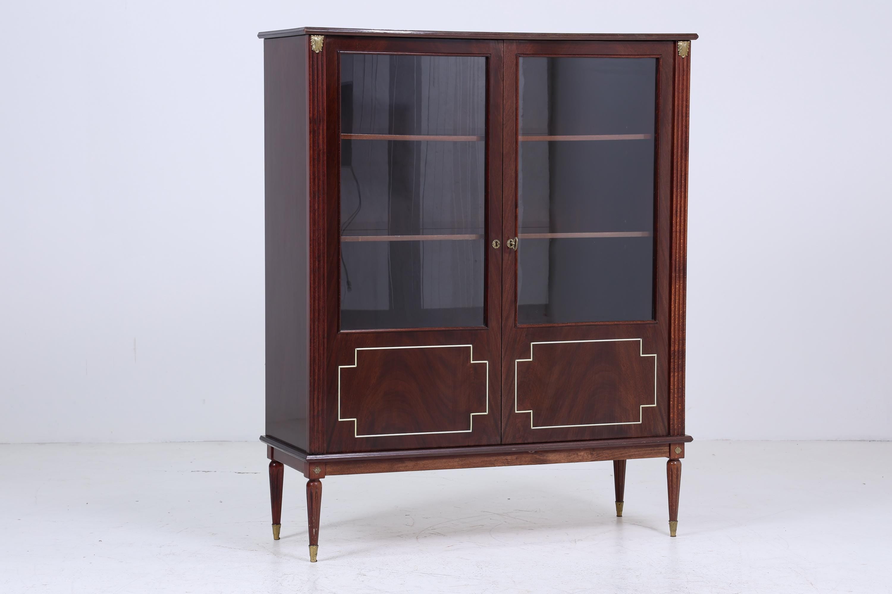 ❌SALE❌ Vintage Mid Century Vitrine aus Mahagoni Holz & Glas | Schrank mit Messingdetails | 1950er Retro Design Wohnzimmer Esszimmer Möbel
