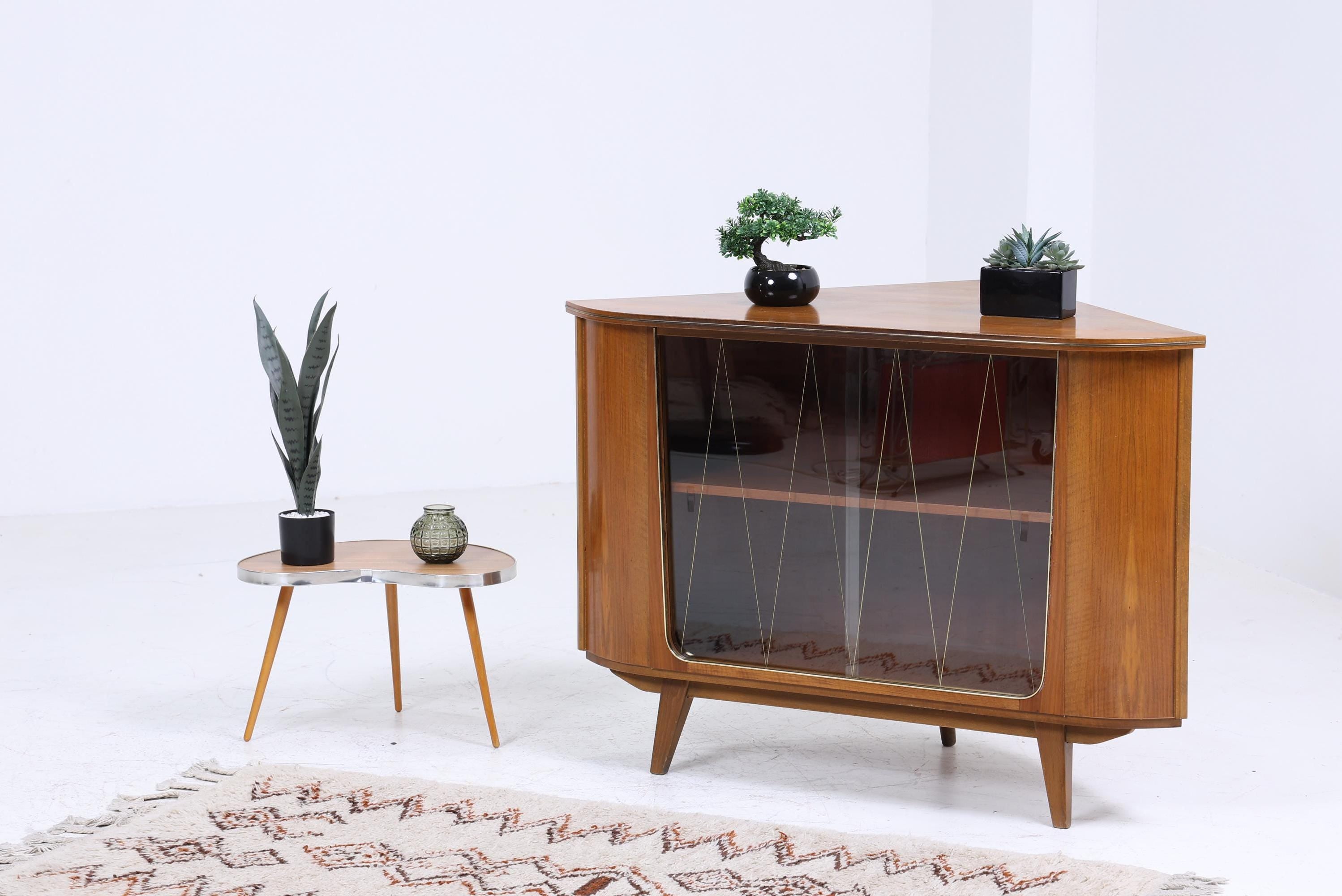 ❌SALE❌ Vintage Eckkommode mit Glasschiebetüren | Mid Century Kommode Schrank Retro 60er 70er Holz Aufbewahrung