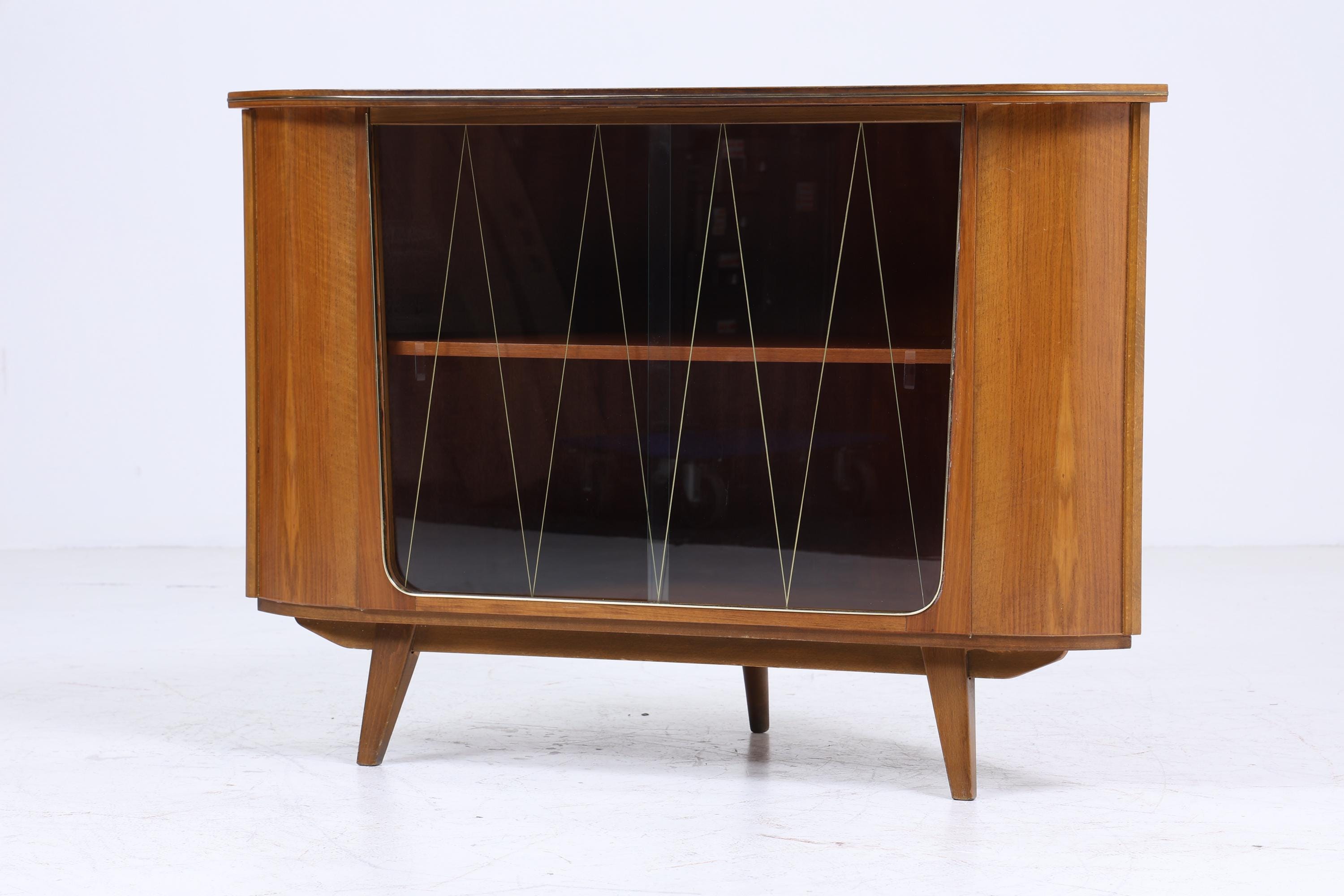 ❌SALE❌ Vintage Eckkommode mit Glasschiebetüren | Mid Century Kommode Schrank Retro 60er 70er Holz Aufbewahrung