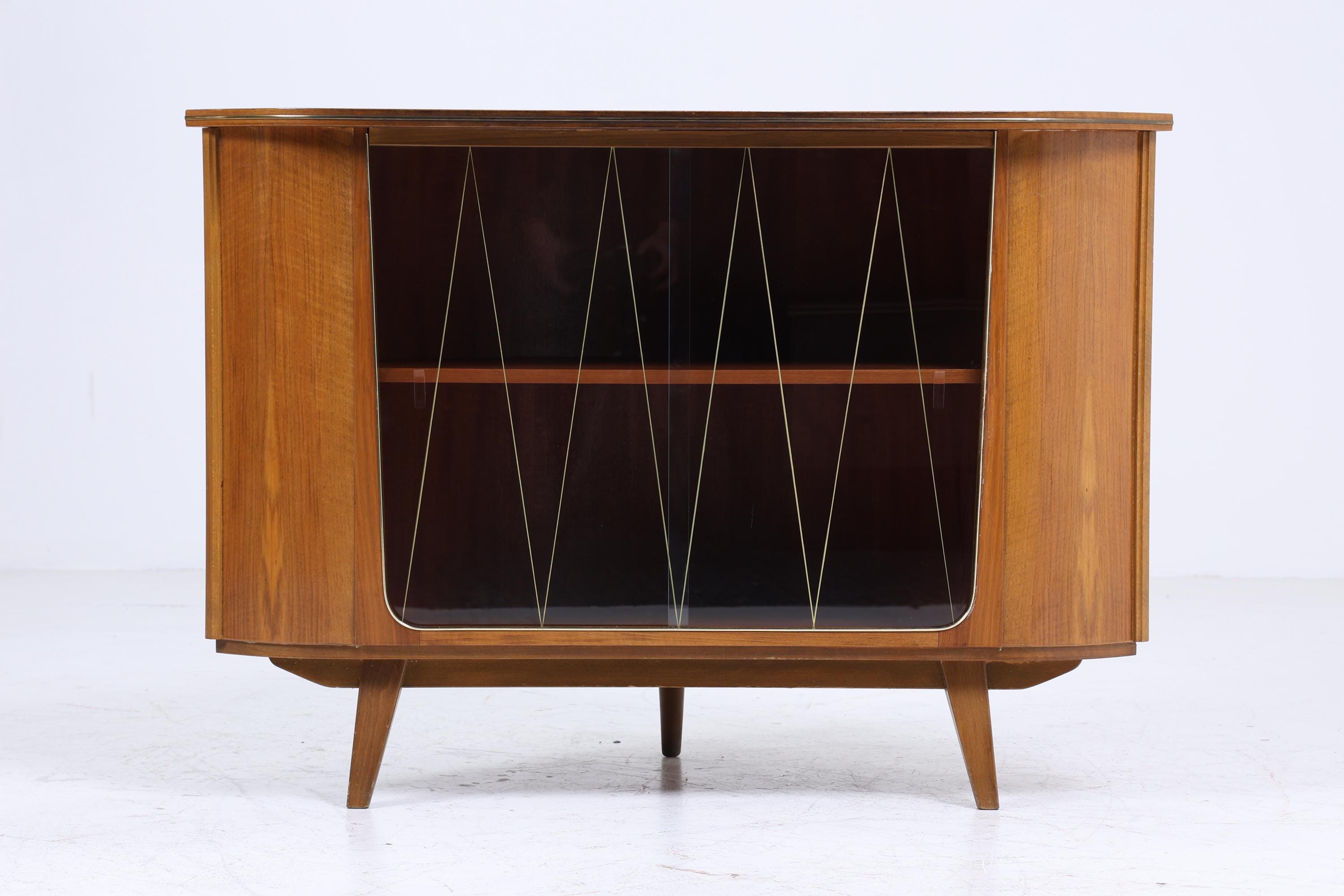 ❌SALE❌ Vintage Eckkommode mit Glasschiebetüren | Mid Century Kommode Schrank Retro 60er 70er Holz Aufbewahrung