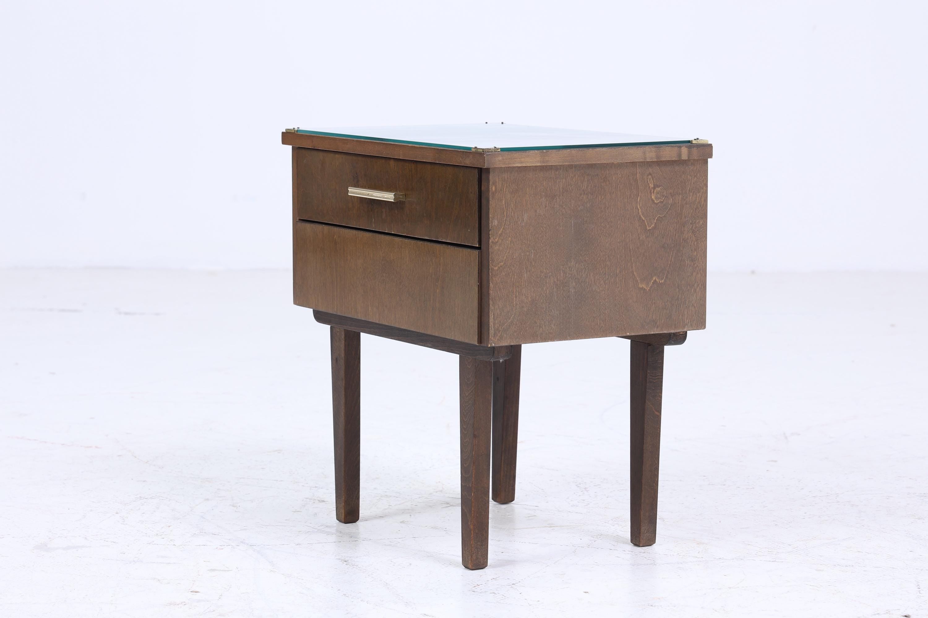 ❌SALE❌ Dunkler Vintage Nachttisch 60er Jahre | Mid Century Holz Nachttisch mit Schublade & Glasplatte Aufbewahrung
