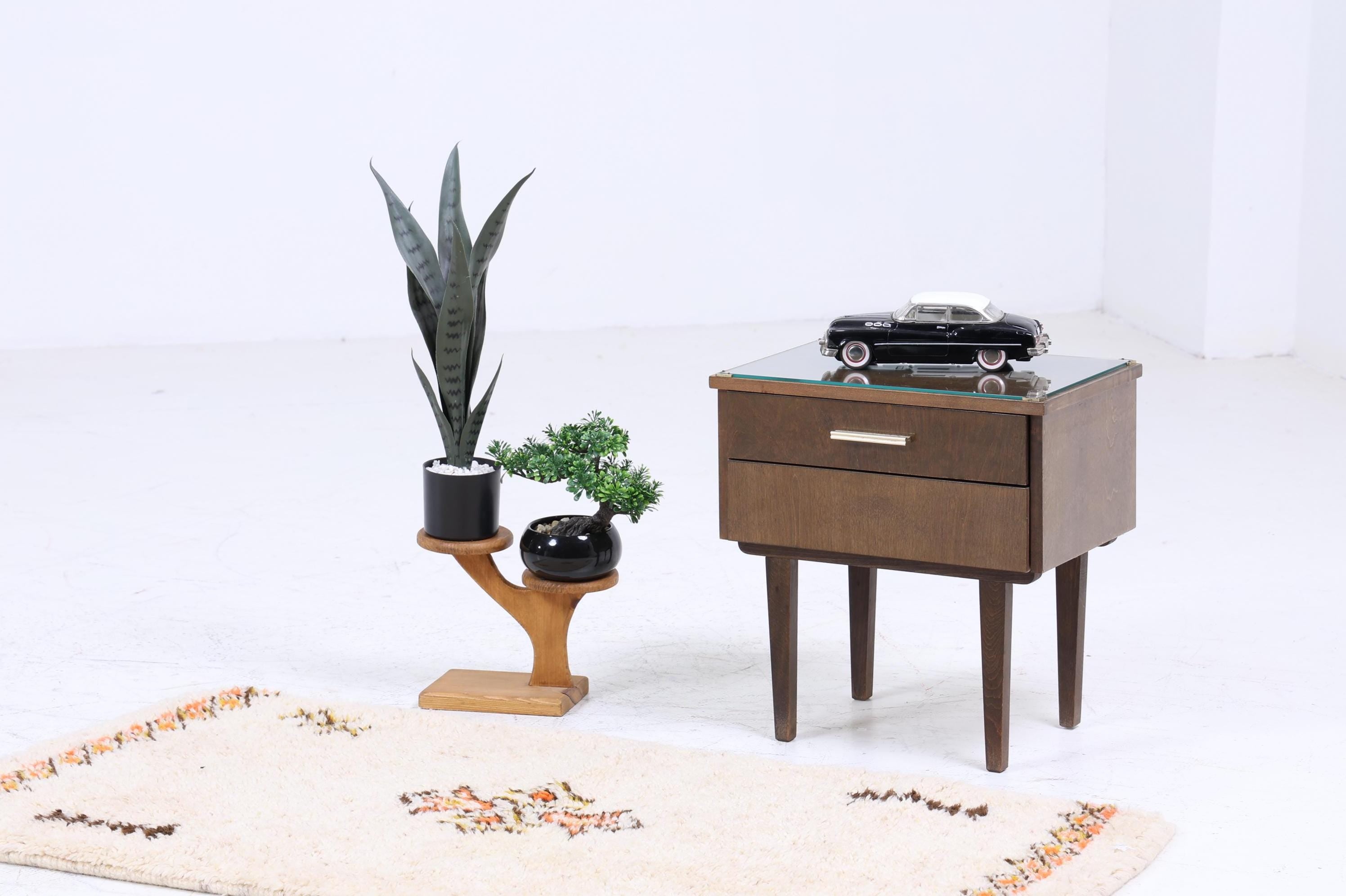 ❌SALE❌ Dunkler Vintage Nachttisch 60er Jahre | Mid Century Holz Nachttisch mit Schublade & Glasplatte Aufbewahrung