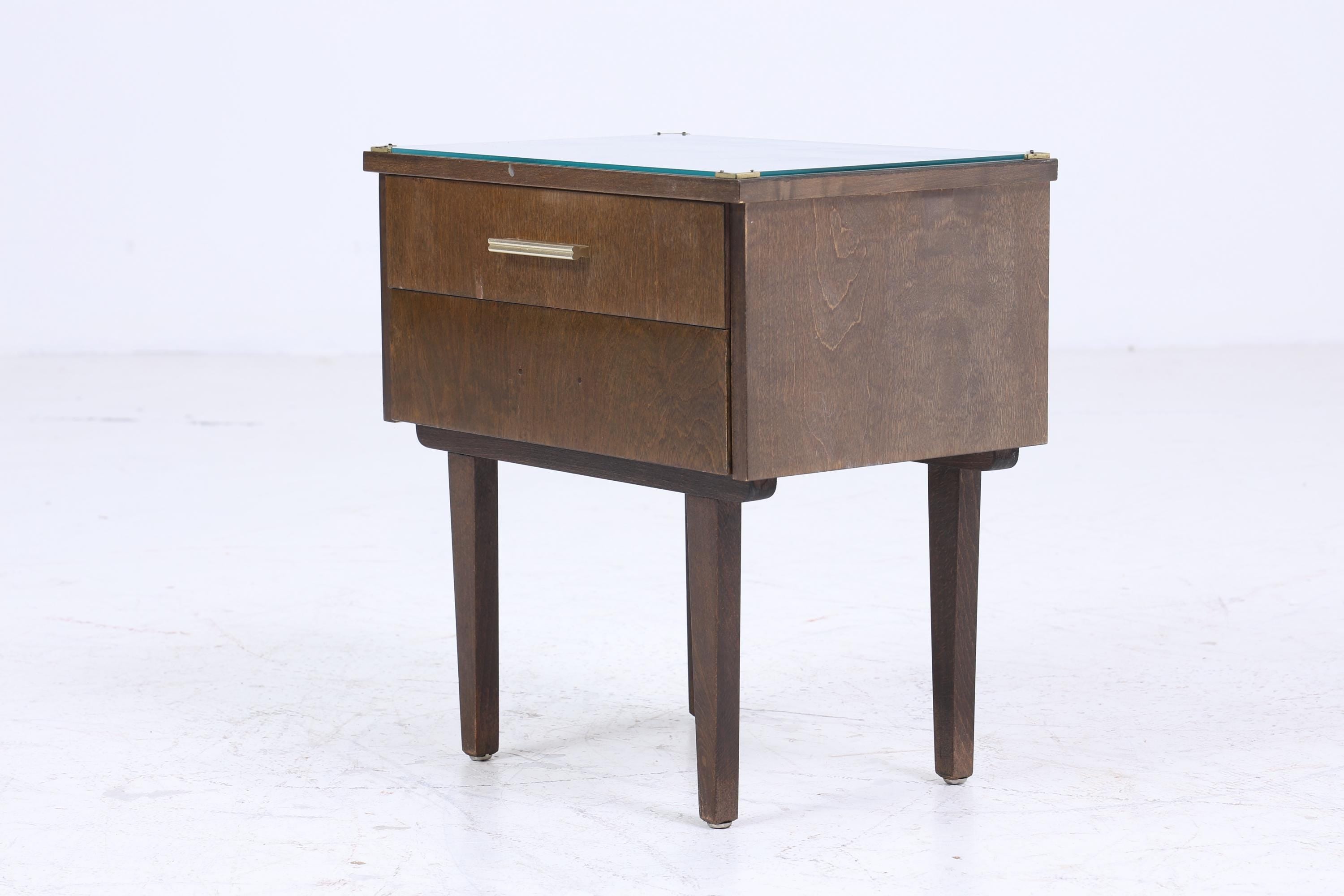 ❌SALE❌ 1 Dunkler Vintage Nachttisch 60er Jahre | Mid Century Holz Nachttisch mit Schublade & Glasplatte Aufbewahrung