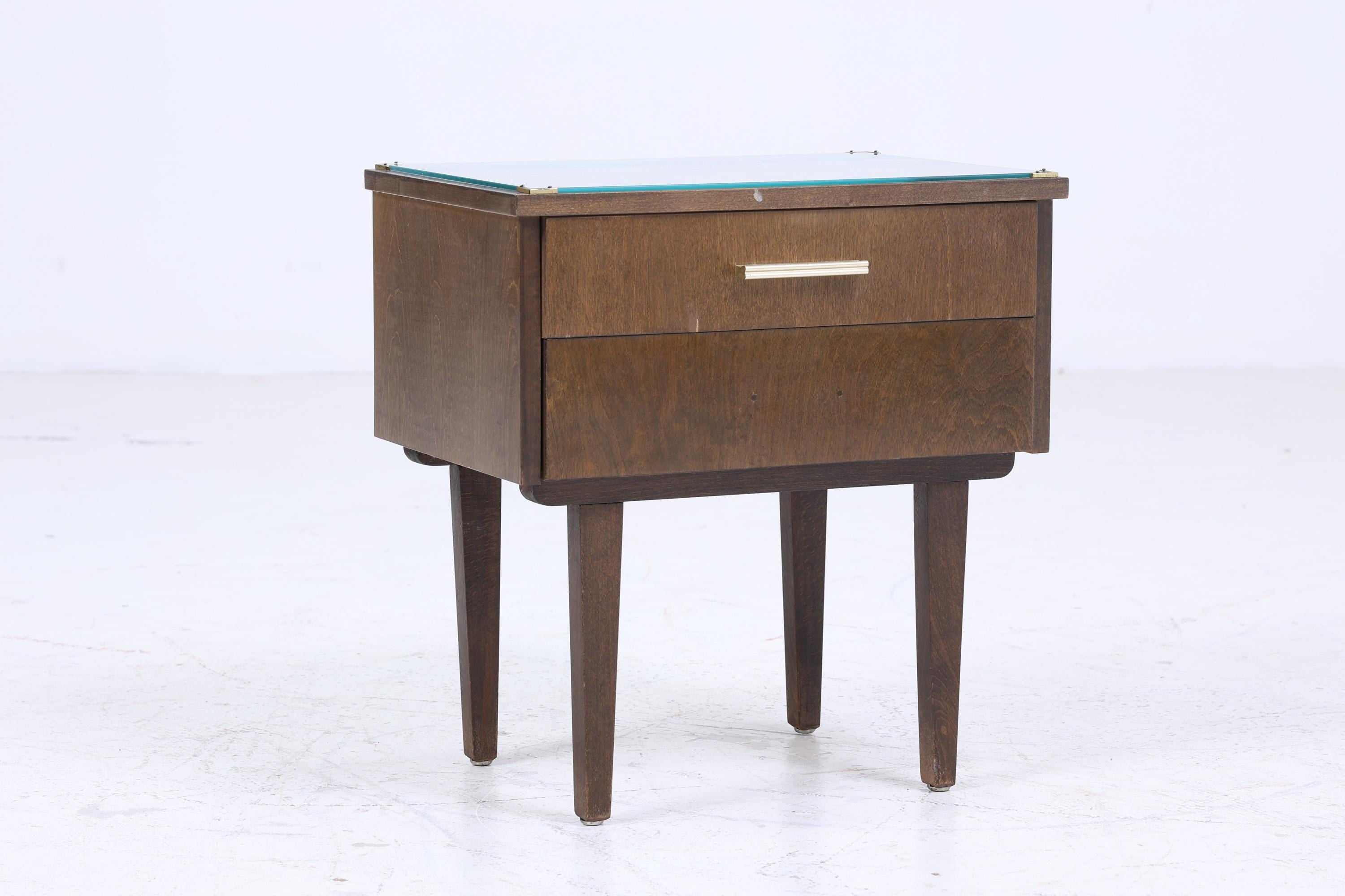 ❌SALE❌ 1 Dunkler Vintage Nachttisch 60er Jahre | Mid Century Holz Nachttisch mit Schublade & Glasplatte Aufbewahrung