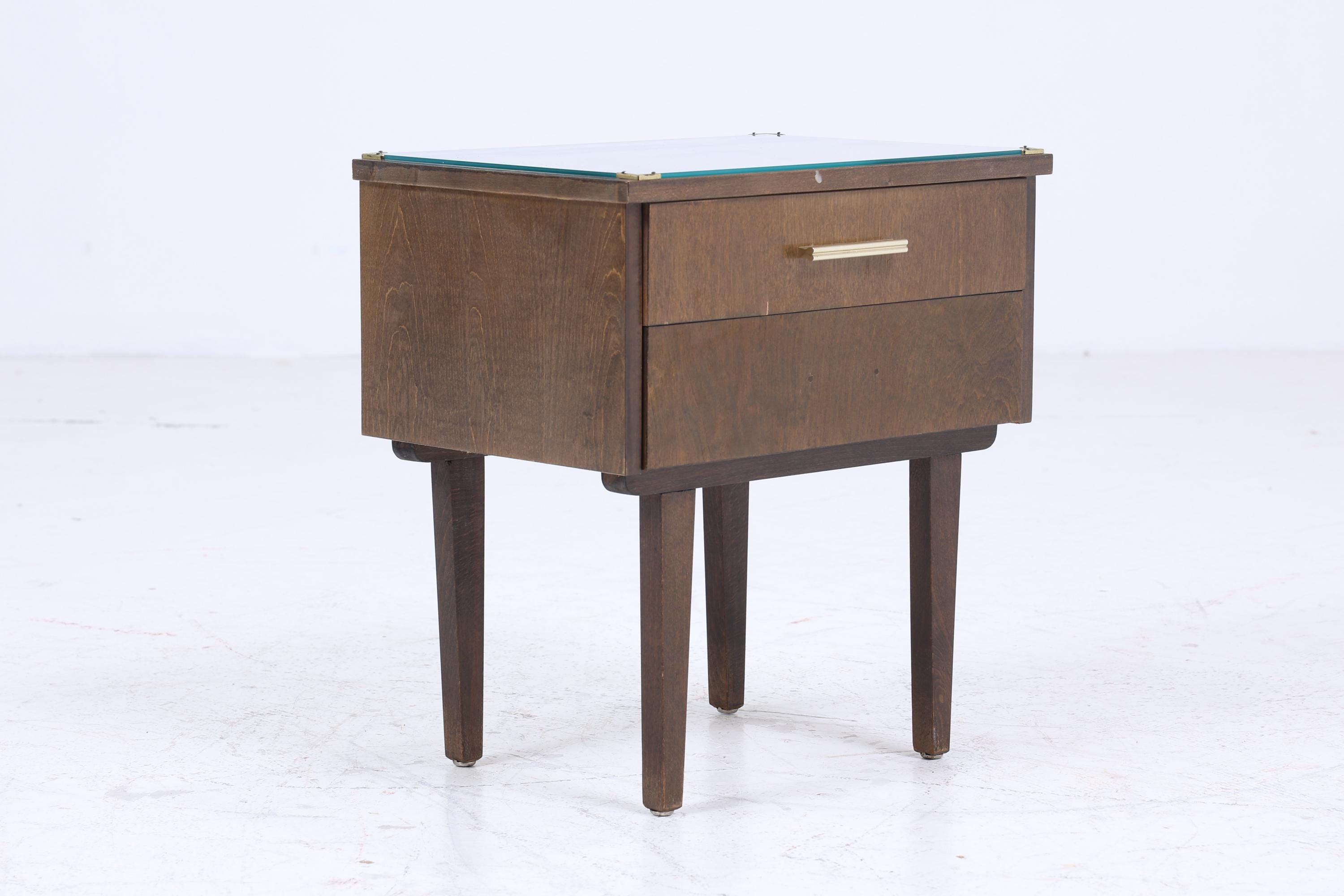 ❌SALE❌ 1 Dunkler Vintage Nachttisch 60er Jahre | Mid Century Holz Nachttisch mit Schublade & Glasplatte Aufbewahrung
