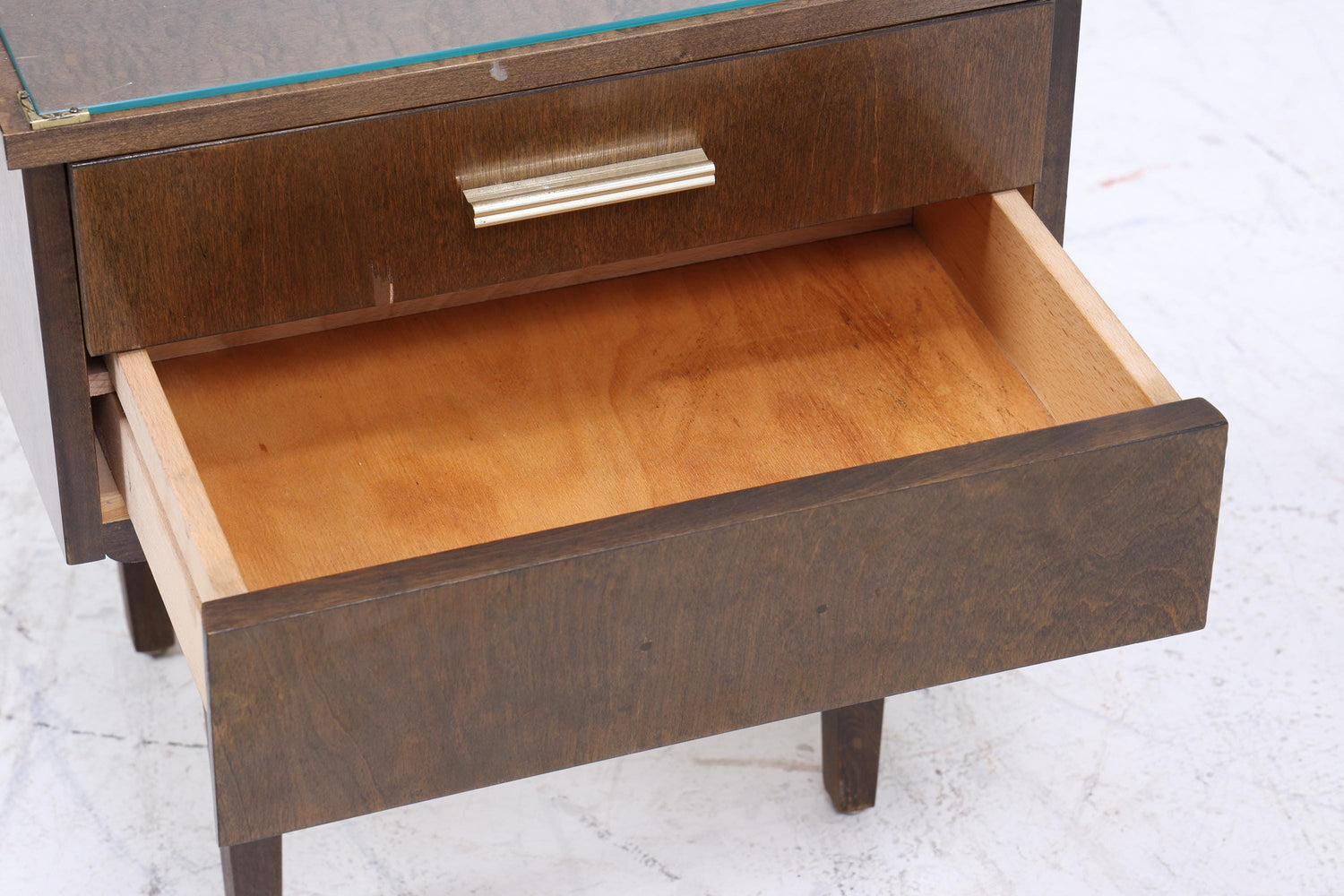 ❌SALE❌ 1 Dunkler Vintage Nachttisch 60er Jahre  | Mid Century Holz Nachttisch mit Schublade & Glasplatte Aufbewahrung