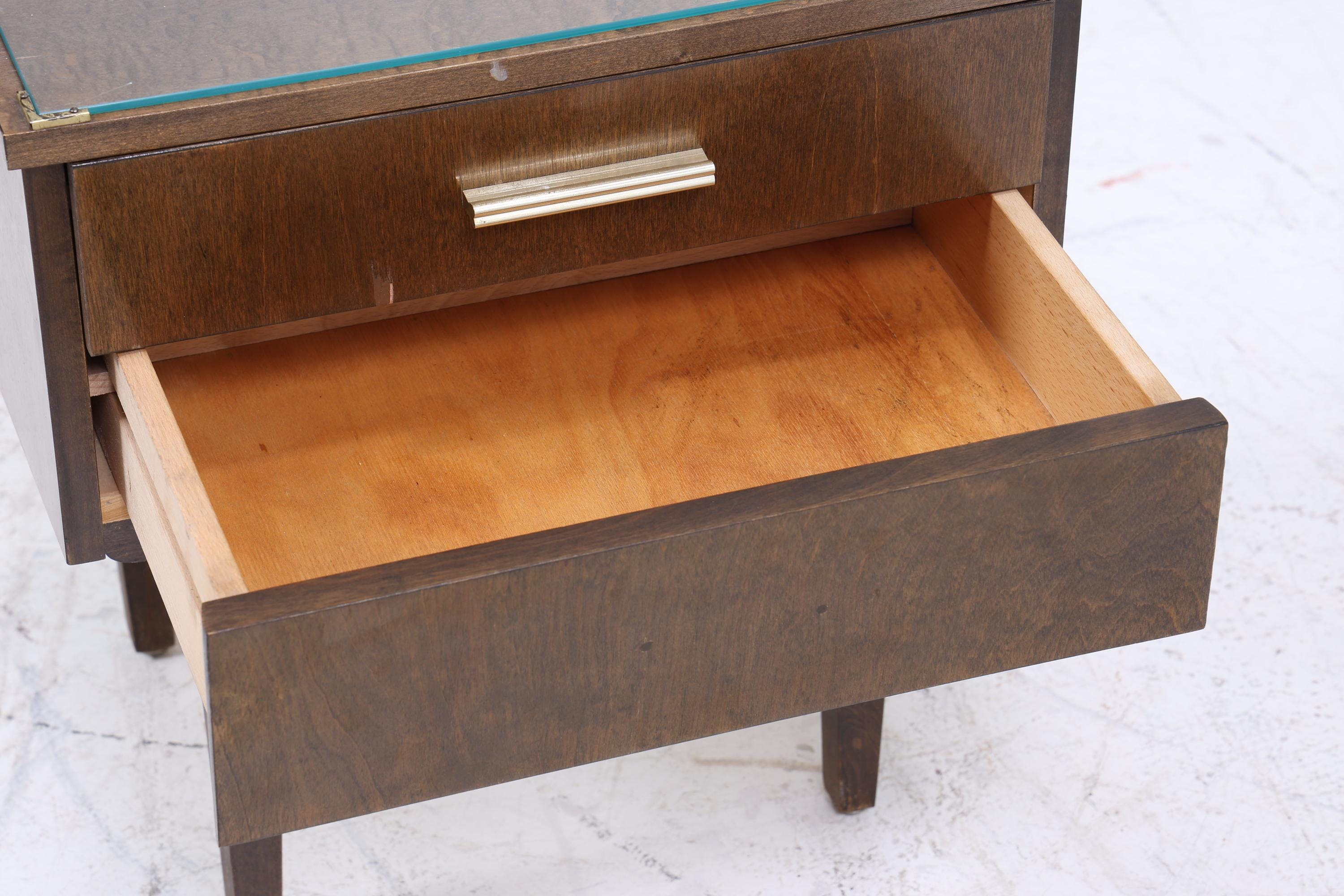 ❌SALE❌ 1 Dunkler Vintage Nachttisch 60er Jahre | Mid Century Holz Nachttisch mit Schublade & Glasplatte Aufbewahrung
