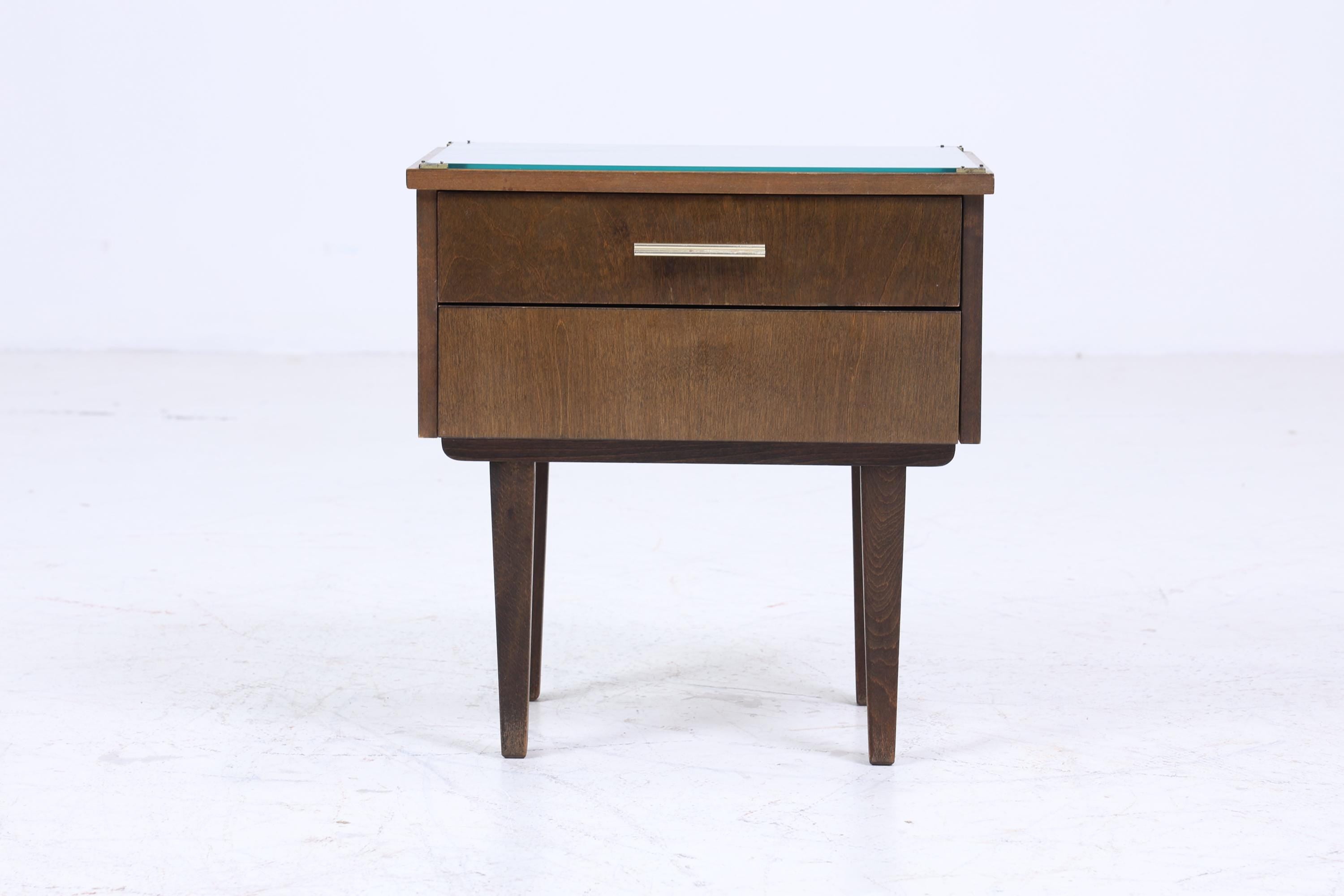 ❌SALE❌ Dunkler Vintage Nachttisch 60er Jahre | Mid Century Holz Nachttisch mit Schublade & Glasplatte Aufbewahrung