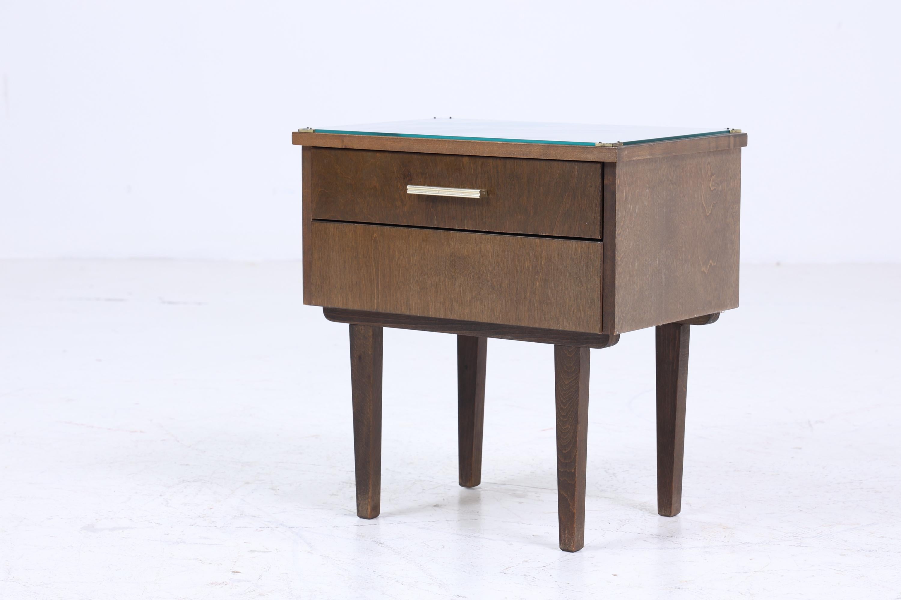 ❌SALE❌ Dunkler Vintage Nachttisch 60er Jahre | Mid Century Holz Nachttisch mit Schublade & Glasplatte Aufbewahrung
