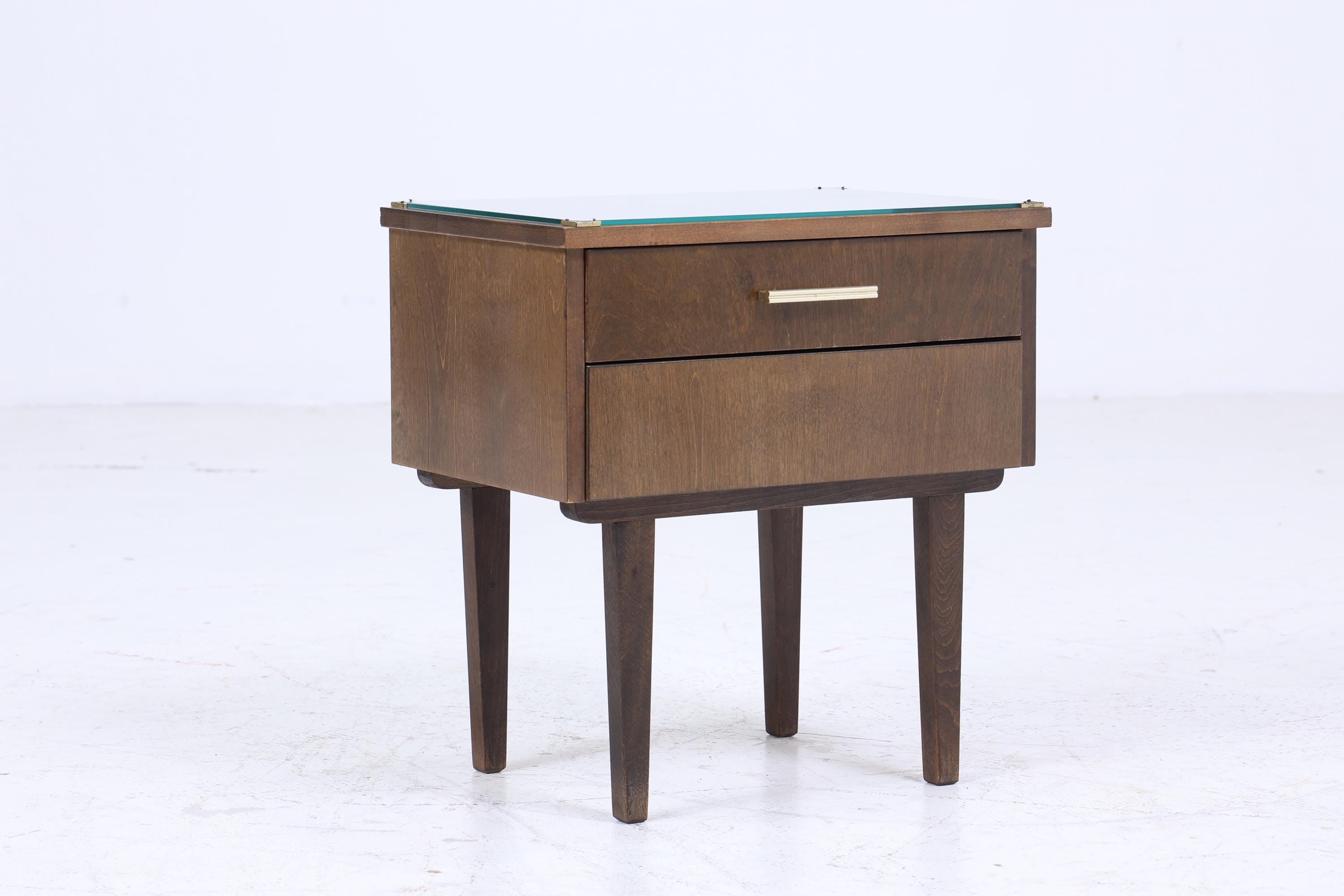 ❌SALE❌ Dunkler Vintage Nachttisch 60er Jahre | Mid Century Holz Nachttisch mit Schublade & Glasplatte Aufbewahrung