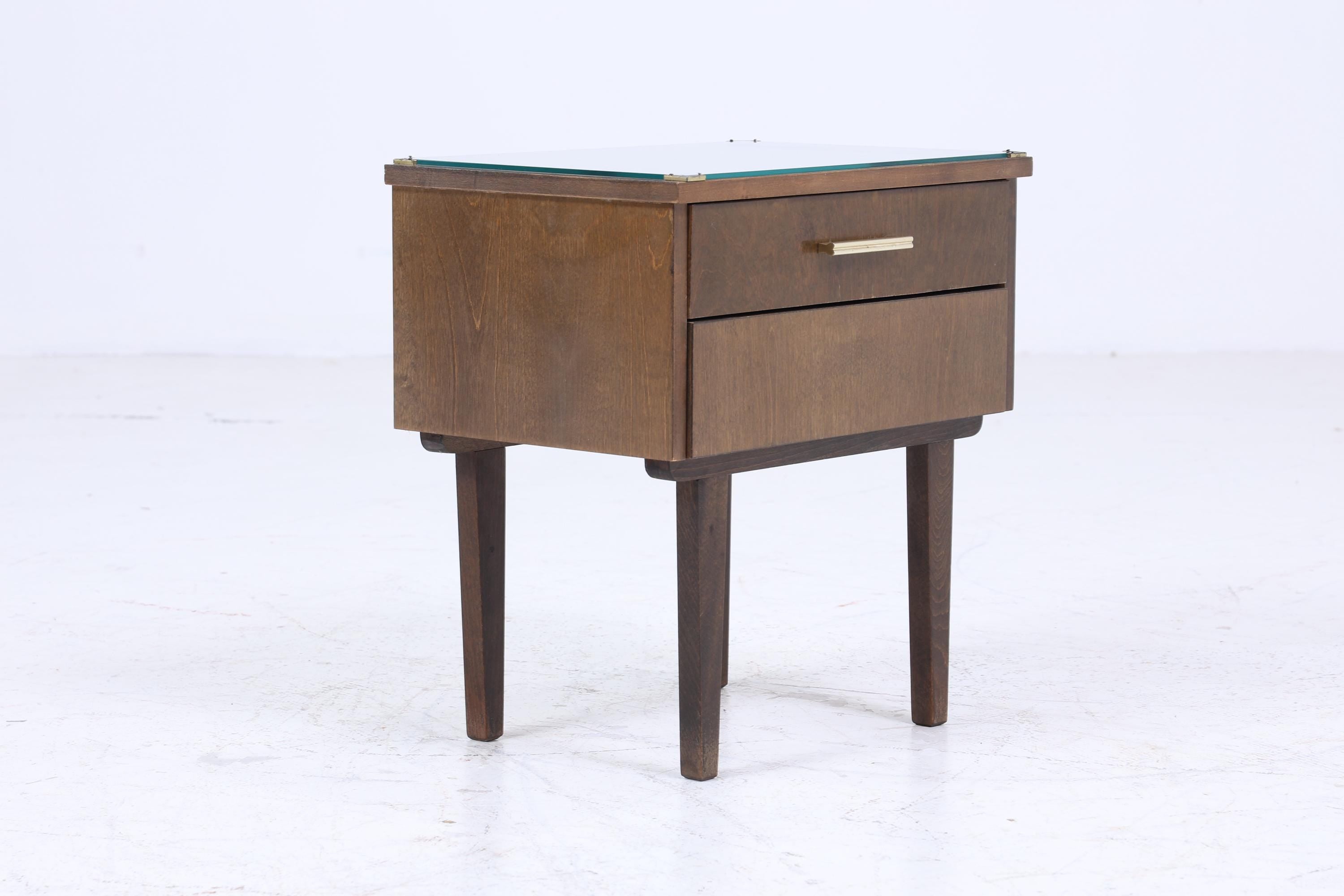 ❌SALE❌ Dunkler Vintage Nachttisch 60er Jahre | Mid Century Holz Nachttisch mit Schublade & Glasplatte Aufbewahrung
