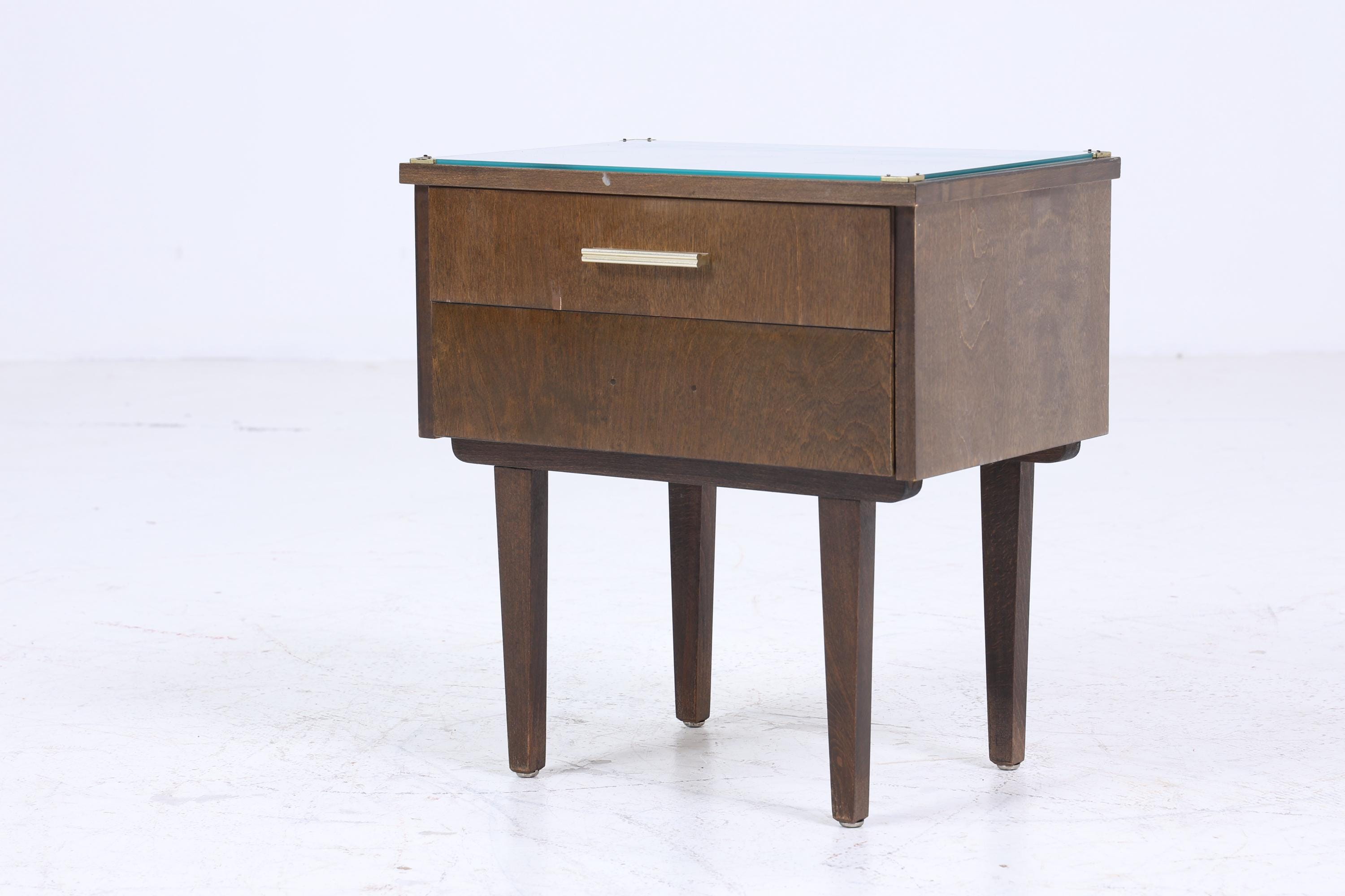 ❌SALE❌ 1 Dunkler Vintage Nachttisch 60er Jahre | Mid Century Holz Nachttisch mit Schublade & Glasplatte Aufbewahrung