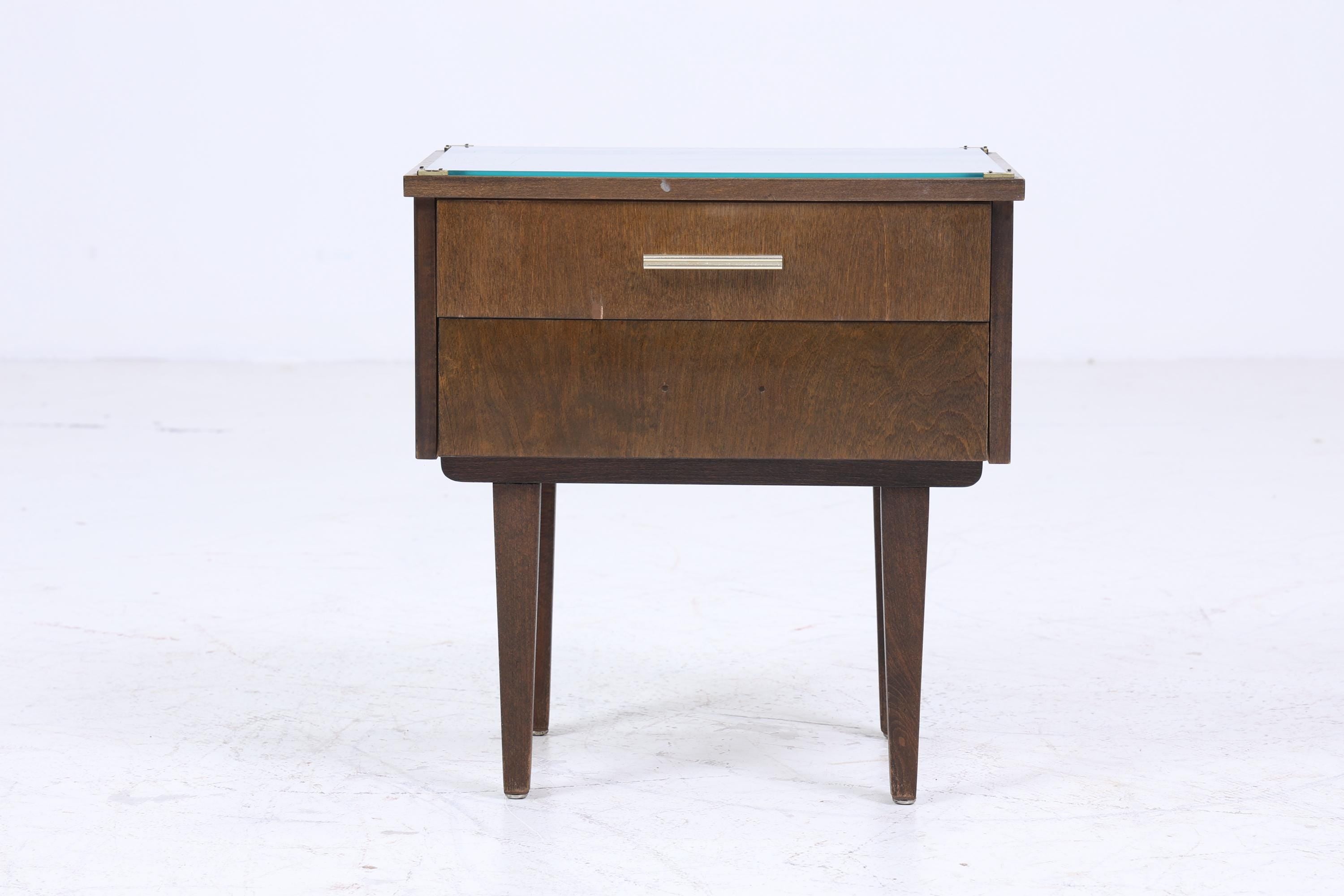 ❌SALE❌ 1 Dunkler Vintage Nachttisch 60er Jahre | Mid Century Holz Nachttisch mit Schublade & Glasplatte Aufbewahrung
