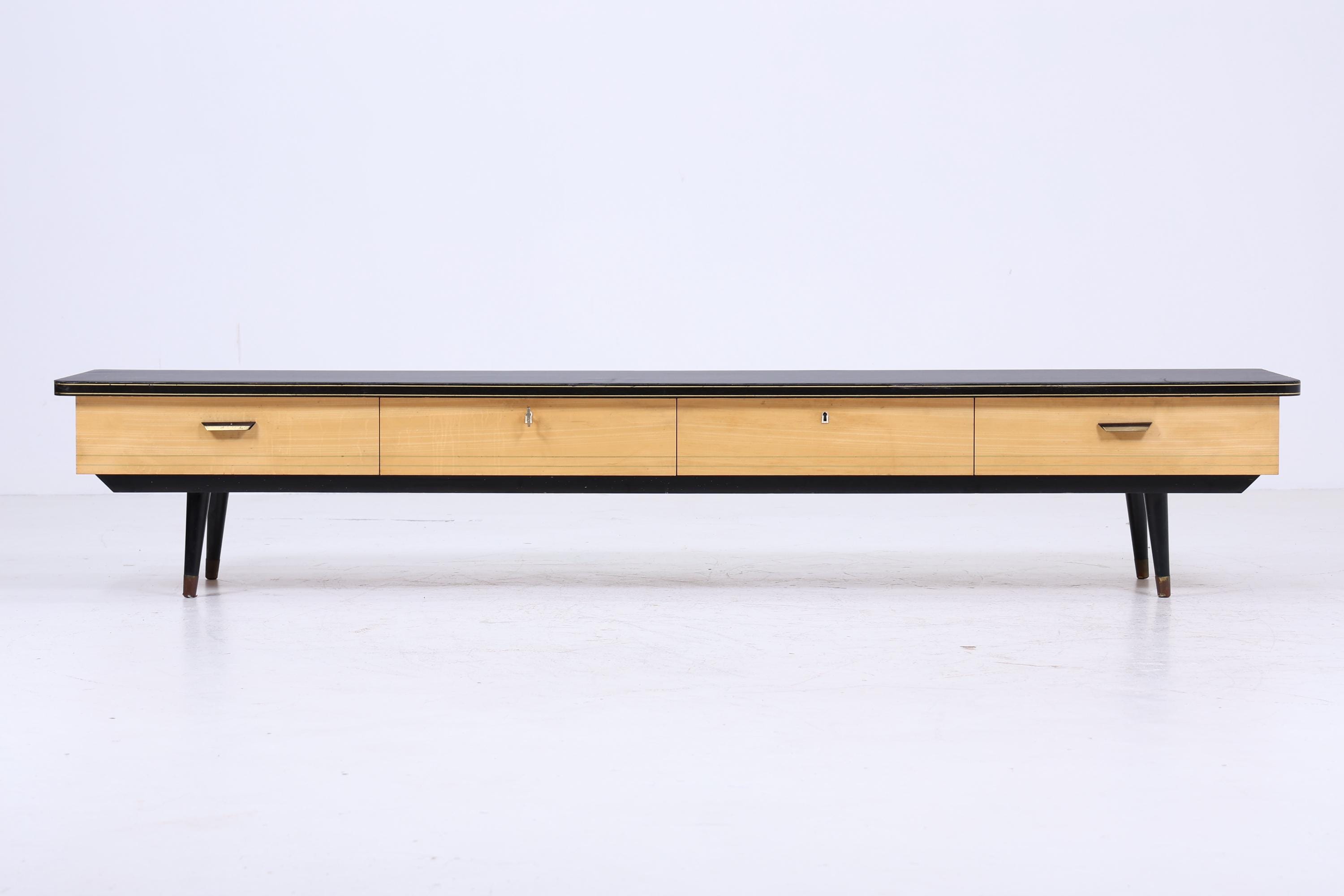 Vintage Lowboard 60er Jahre | Mid Century Sideboard mit Schubladen & Linoleum Oberfläche Retro Holz Aufbewahrung