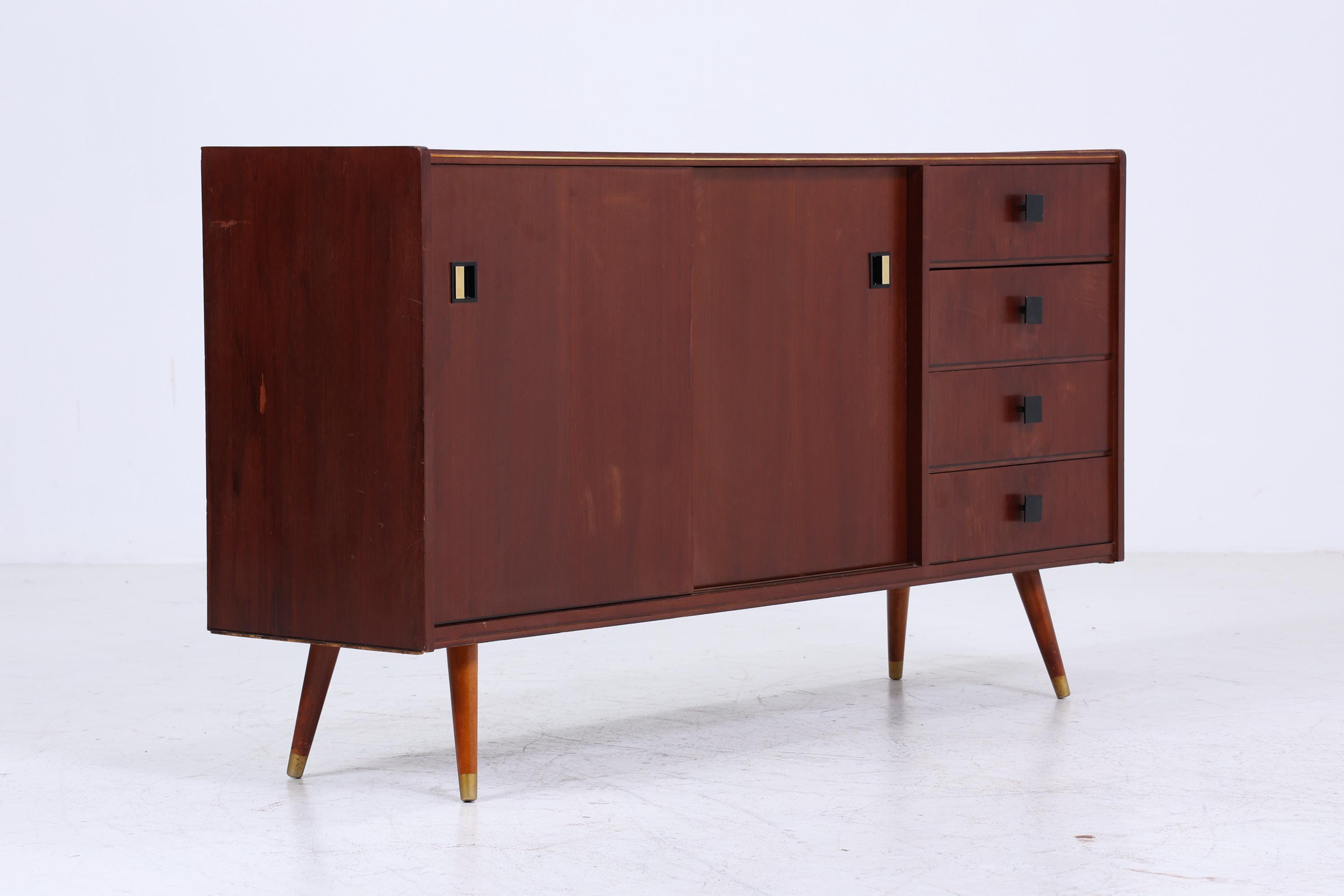 Dunkles Vintage Sideboard 60er Jahre | Mid Century TV Board mit Schubladen & Fächern Kommode Retro Holz Aufbewahrung