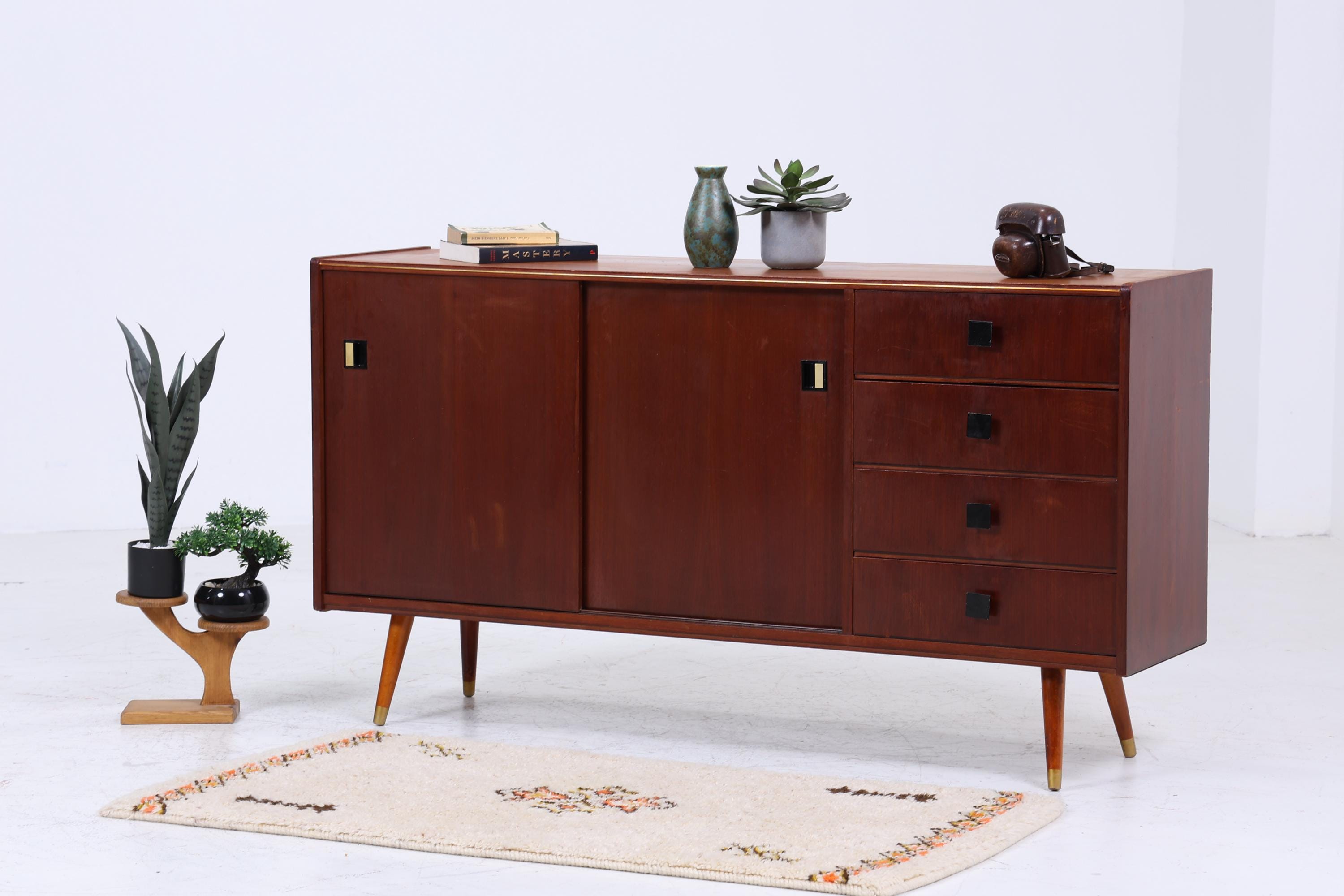Dunkles Vintage Sideboard 60er Jahre | Mid Century TV Board mit Schubladen & Fächern Kommode Retro Holz Aufbewahrung