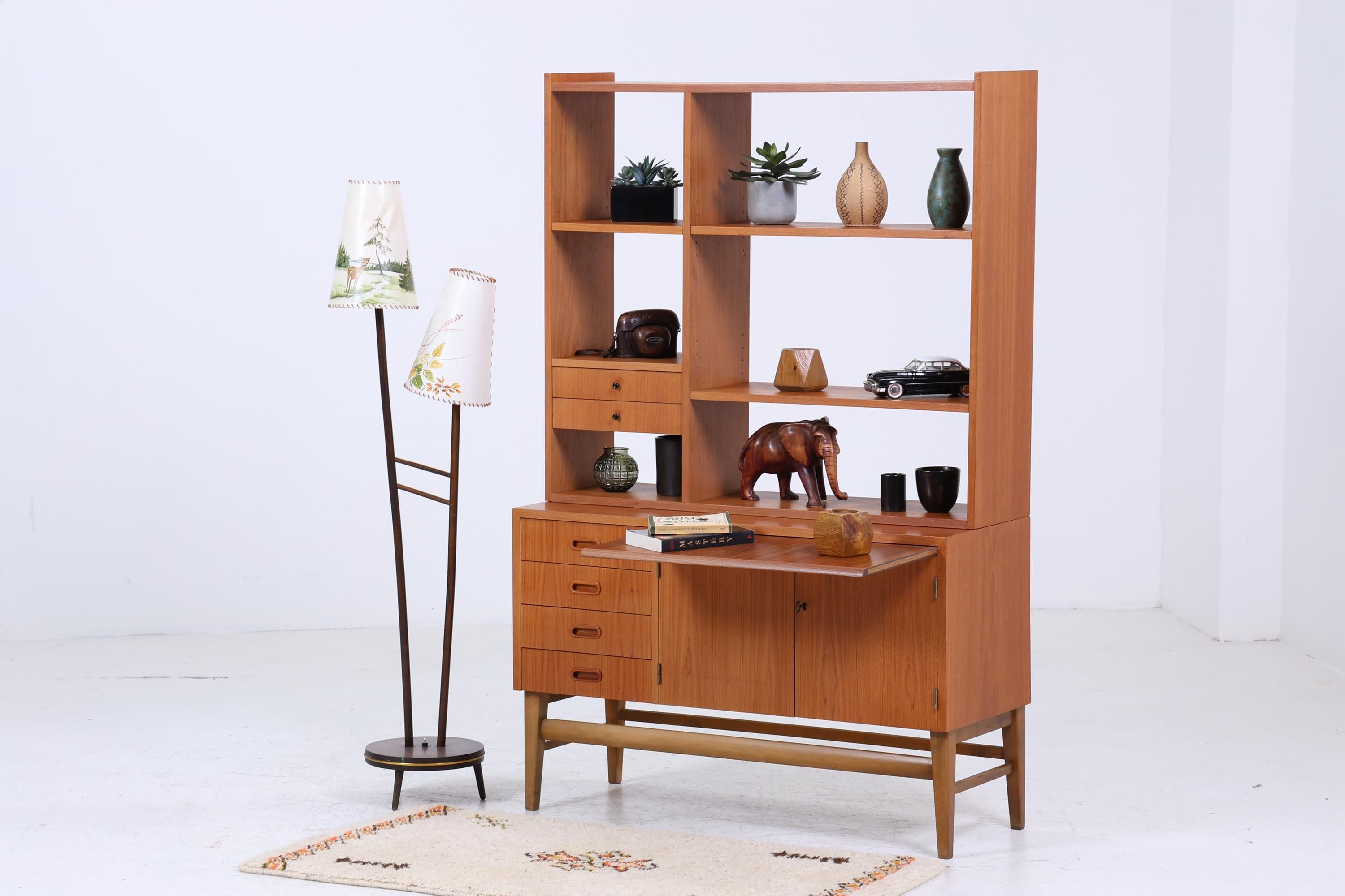 Vintage Teak Regal 60er Jahre | Mid Century Bücherregal mit Schiebetüren Retro Holz Aufbewahrung
