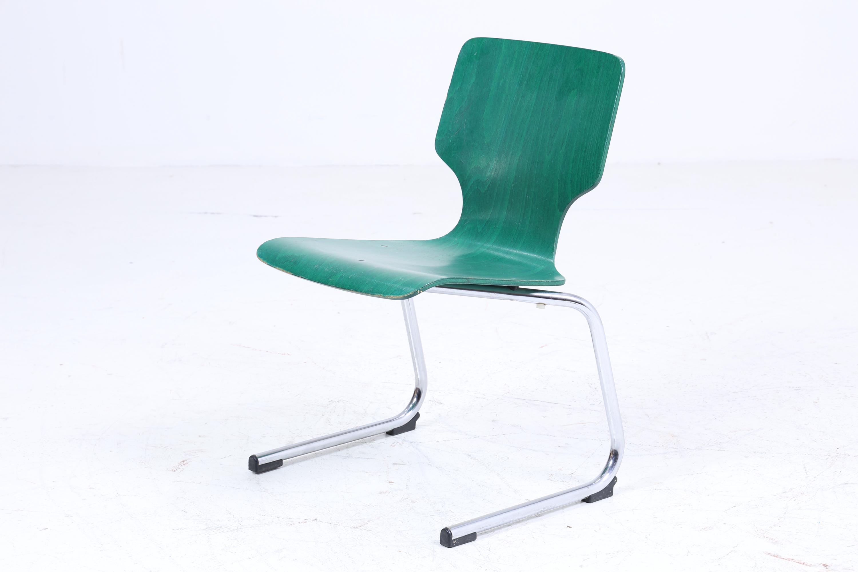 ❌SALE❌ 3er Set Vintage Freischwinger Stühle | Mid Century Designklassiker | Stahlrohr und Holz | Retro Stuhl Grün