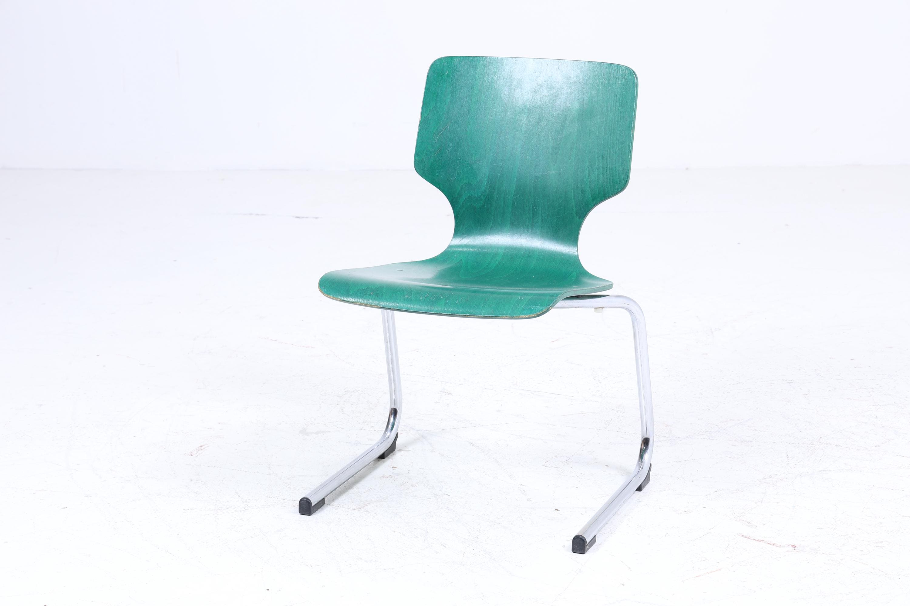 ❌SALE❌ 3er Set Vintage Freischwinger Stühle | Mid Century Designklassiker | Stahlrohr und Holz | Retro Stuhl Grün