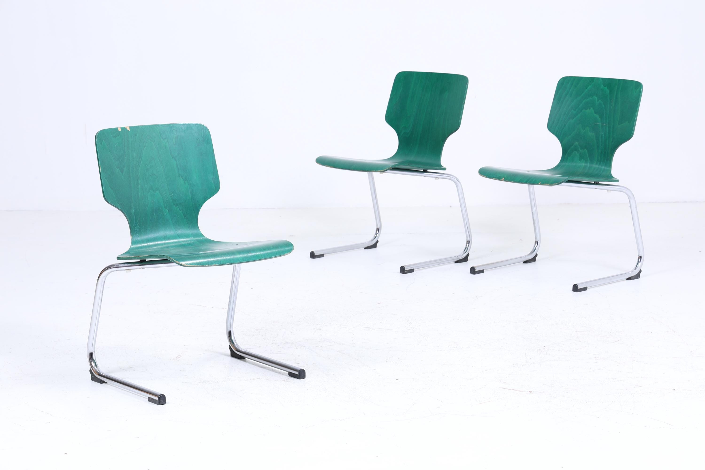 ❌SALE❌ 3er Set Vintage Freischwinger Stühle | Mid Century Designklassiker | Stahlrohr und Holz | Retro Stuhl Grün