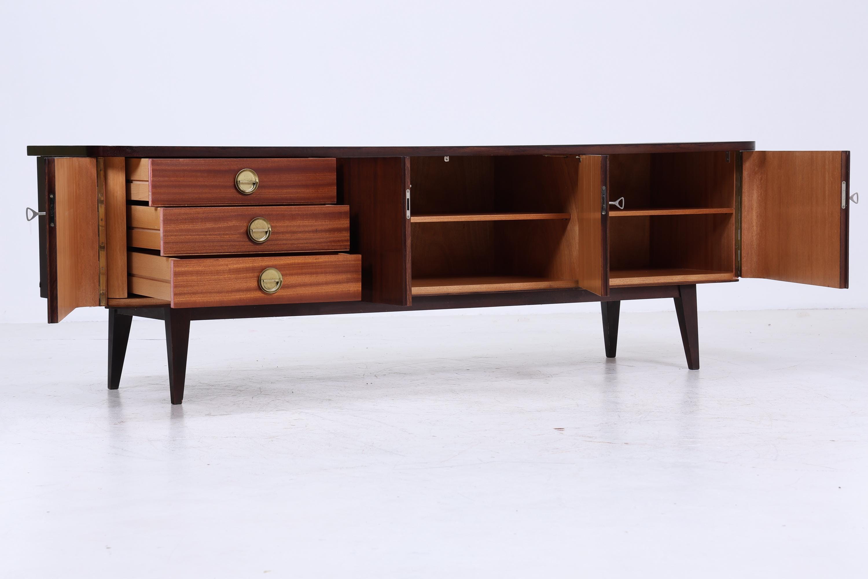 Dunkles Vintage Lowboard 60er Jahre | Mid Century Sideboard mit Fächern & Schubladen Retro Holz Aufbewahrung