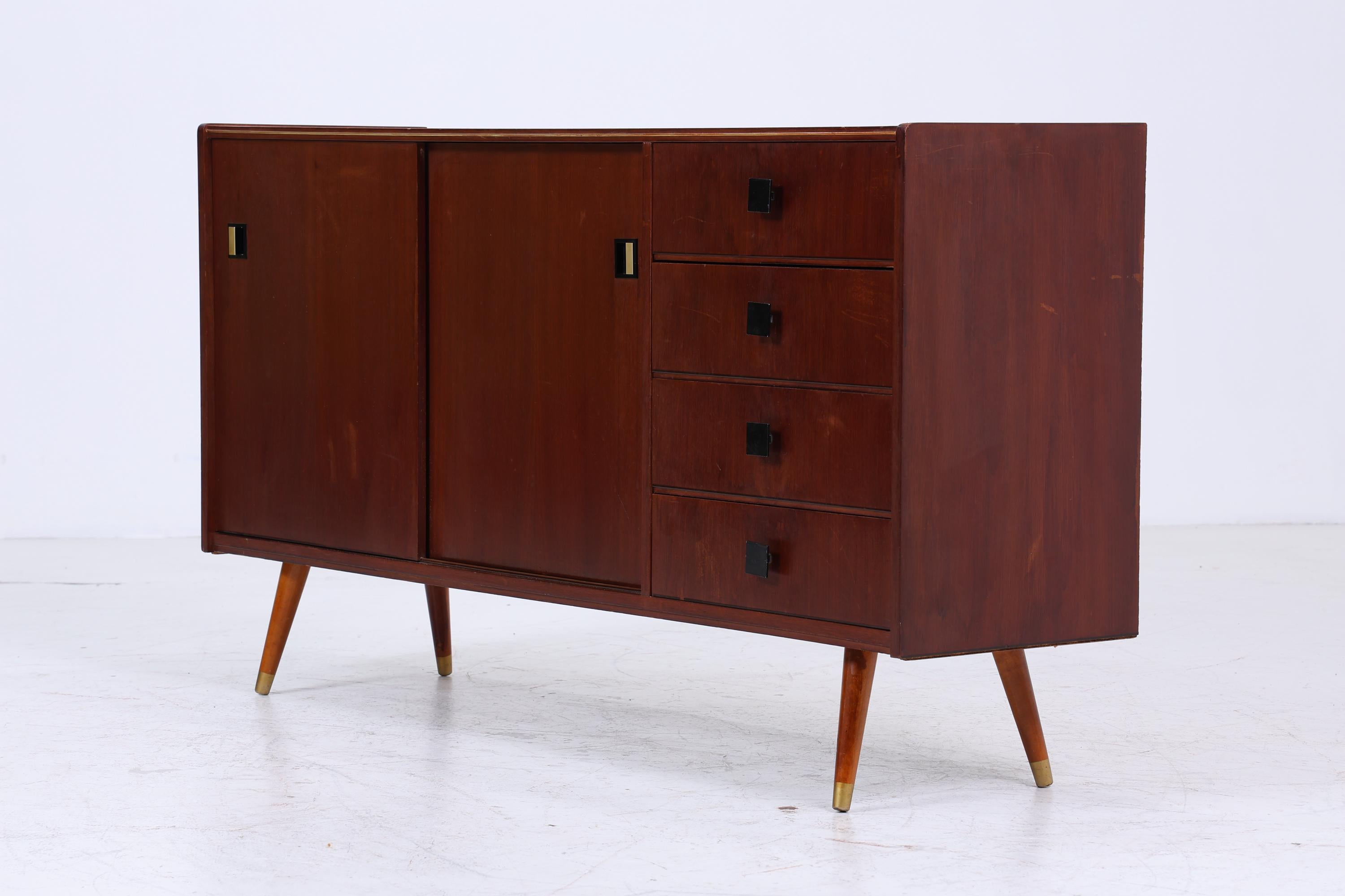 Dunkles Vintage Sideboard 60er Jahre | Mid Century TV Board mit Schubladen & Fächern Kommode Retro Holz Aufbewahrung