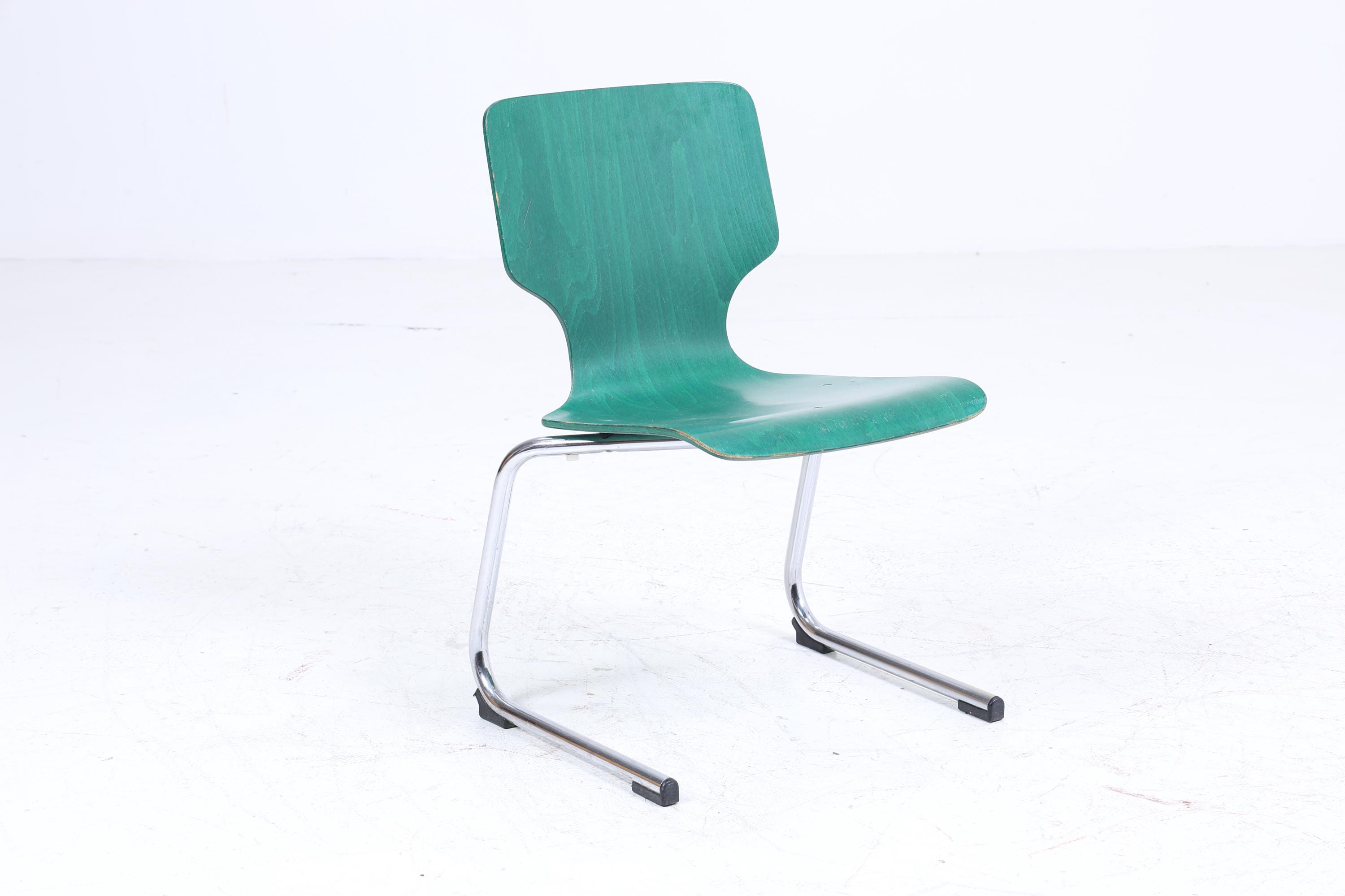 ❌SALE❌ 3er Set Vintage Freischwinger Stühle | Mid Century Designklassiker | Stahlrohr und Holz | Retro Stuhl Grün