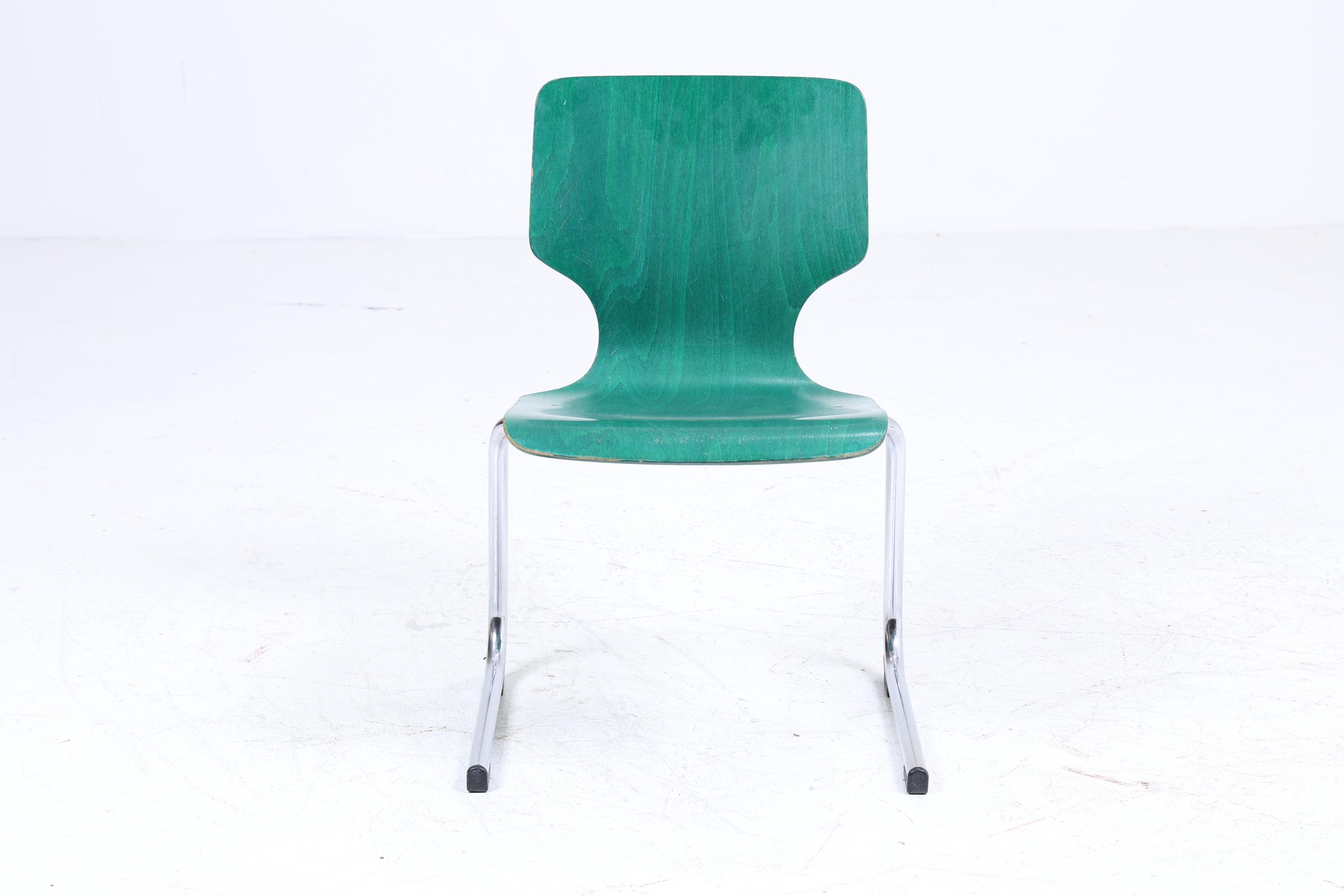 ❌SALE❌ 3er Set Vintage Freischwinger Stühle | Mid Century Designklassiker | Stahlrohr und Holz | Retro Stuhl Grün