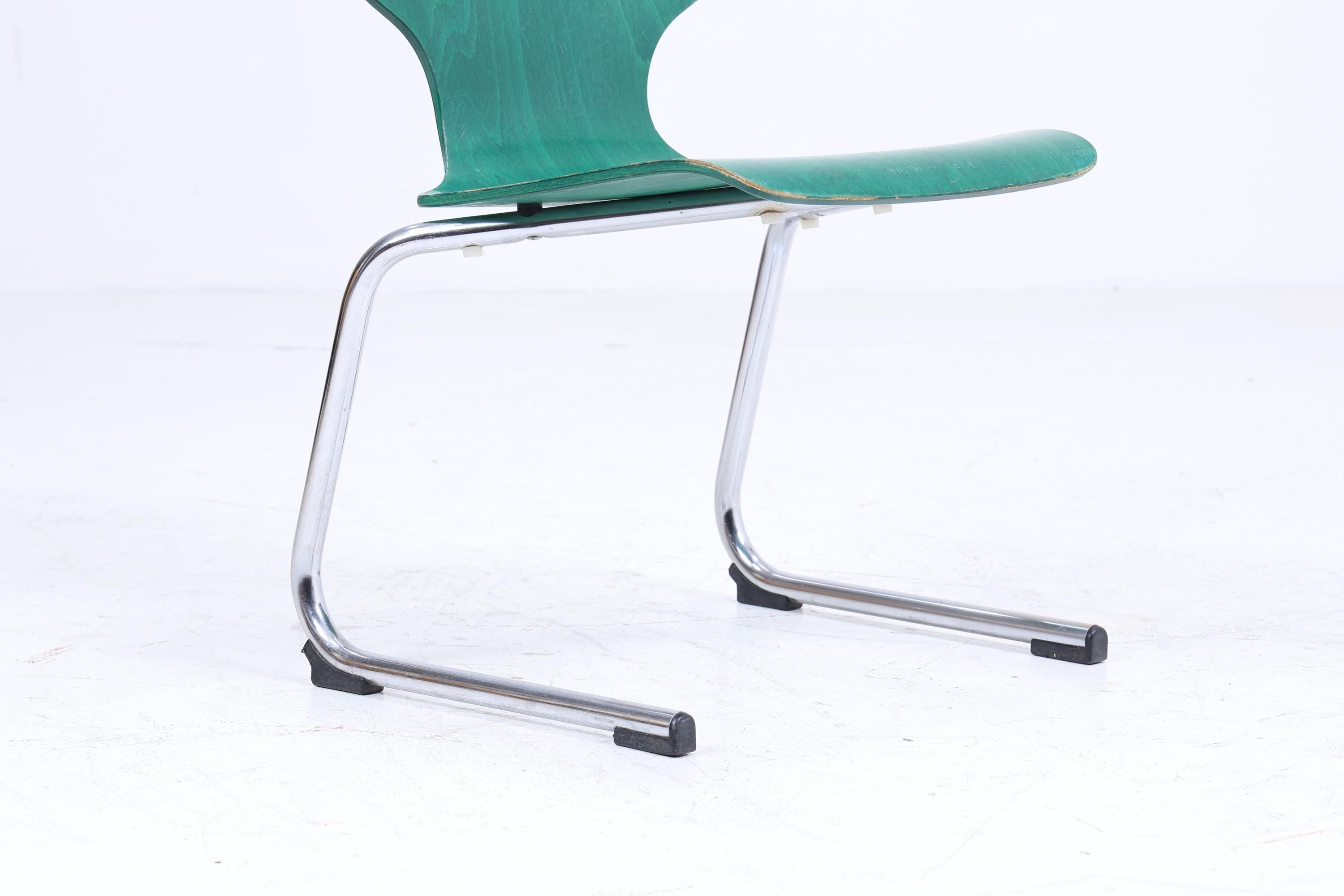 ❌SALE❌ 3er Set Vintage Freischwinger Stühle | Mid Century Designklassiker | Stahlrohr und Holz | Retro Stuhl Grün