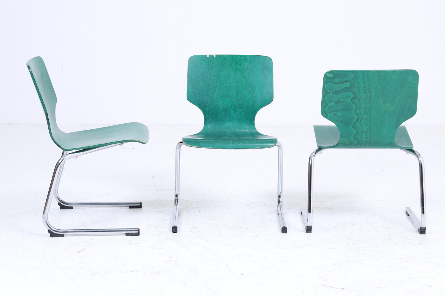 ❌SALE❌ 3er Set Vintage Freischwinger Stühle | Mid Century Designklassiker | Stahlrohr und Holz | Retro Stuhl Grün