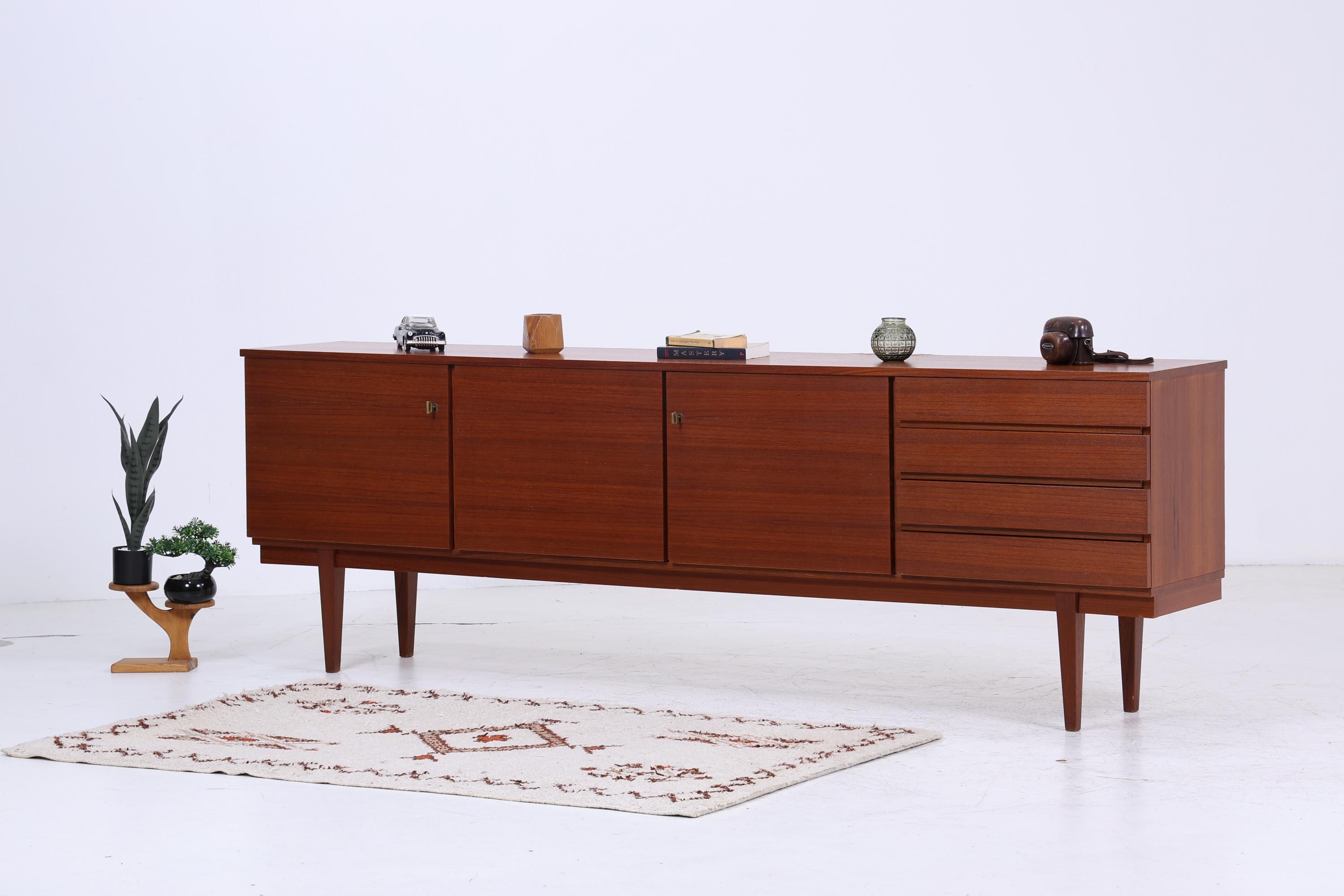 Vintage Teak Sideboard 60er Jahre | Mid Century TV Board mit Schubladen & Fächern Retro Holz Aufbewahrung