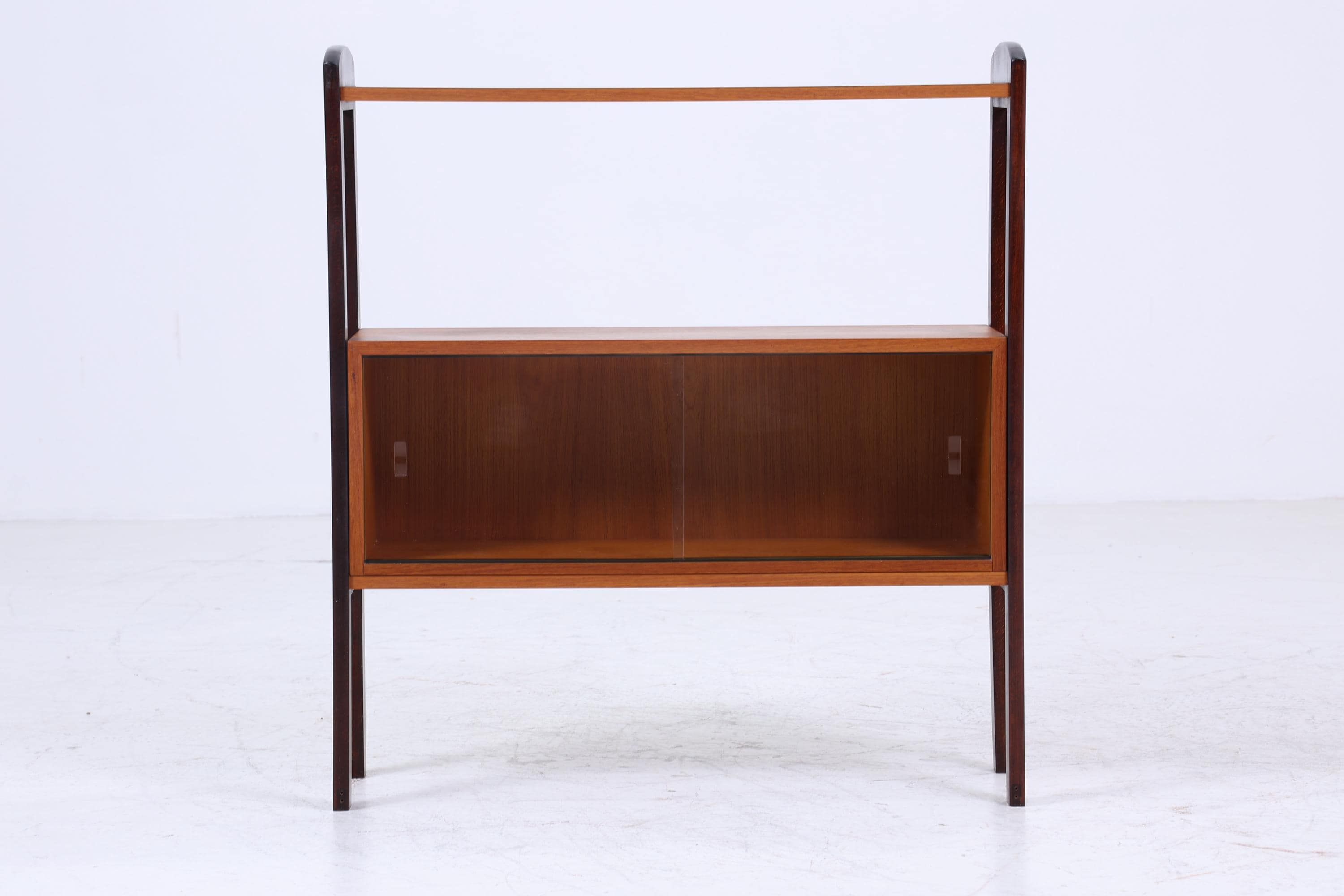 Vintage Teak Glas Kommode 60er Jahre | Retro Glas Bar - Mid Century Konsolentisch Vitrine Holz Design