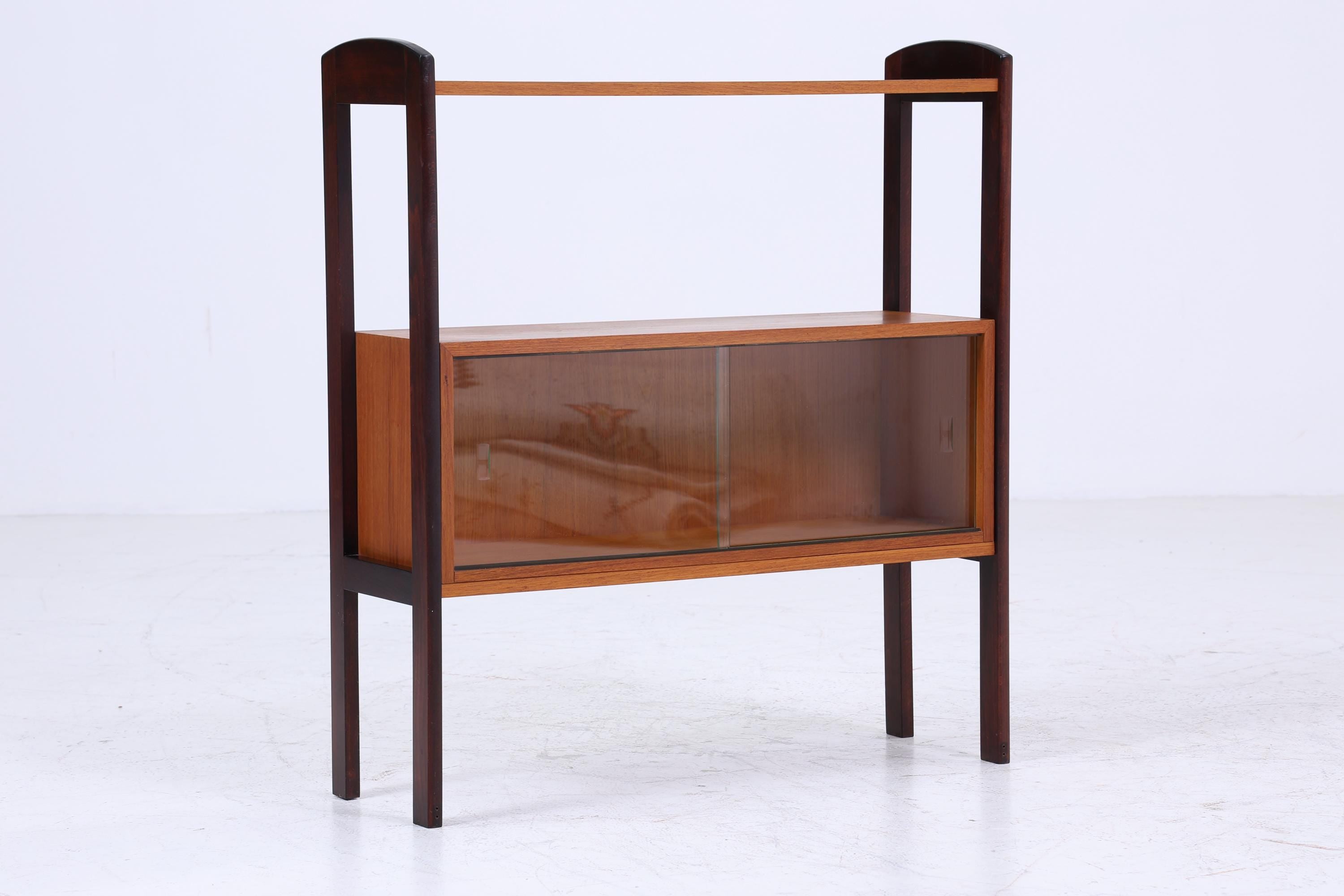 Vintage Teak Glas Kommode 60er Jahre | Retro Glas Bar - Mid Century Konsolentisch Vitrine Holz Design