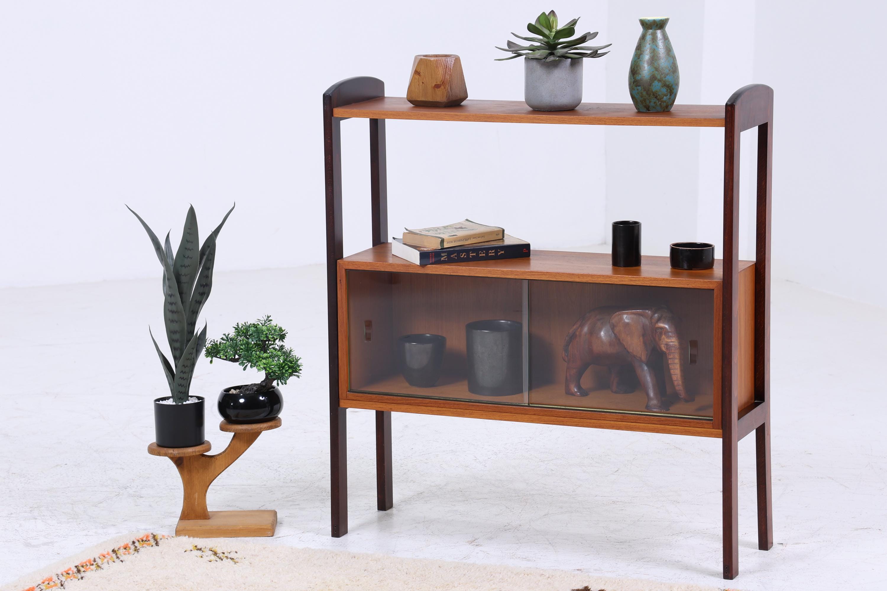 Vintage Teak Glas Kommode 60er Jahre | Retro Glas Bar - Mid Century Konsolentisch Vitrine Holz Design