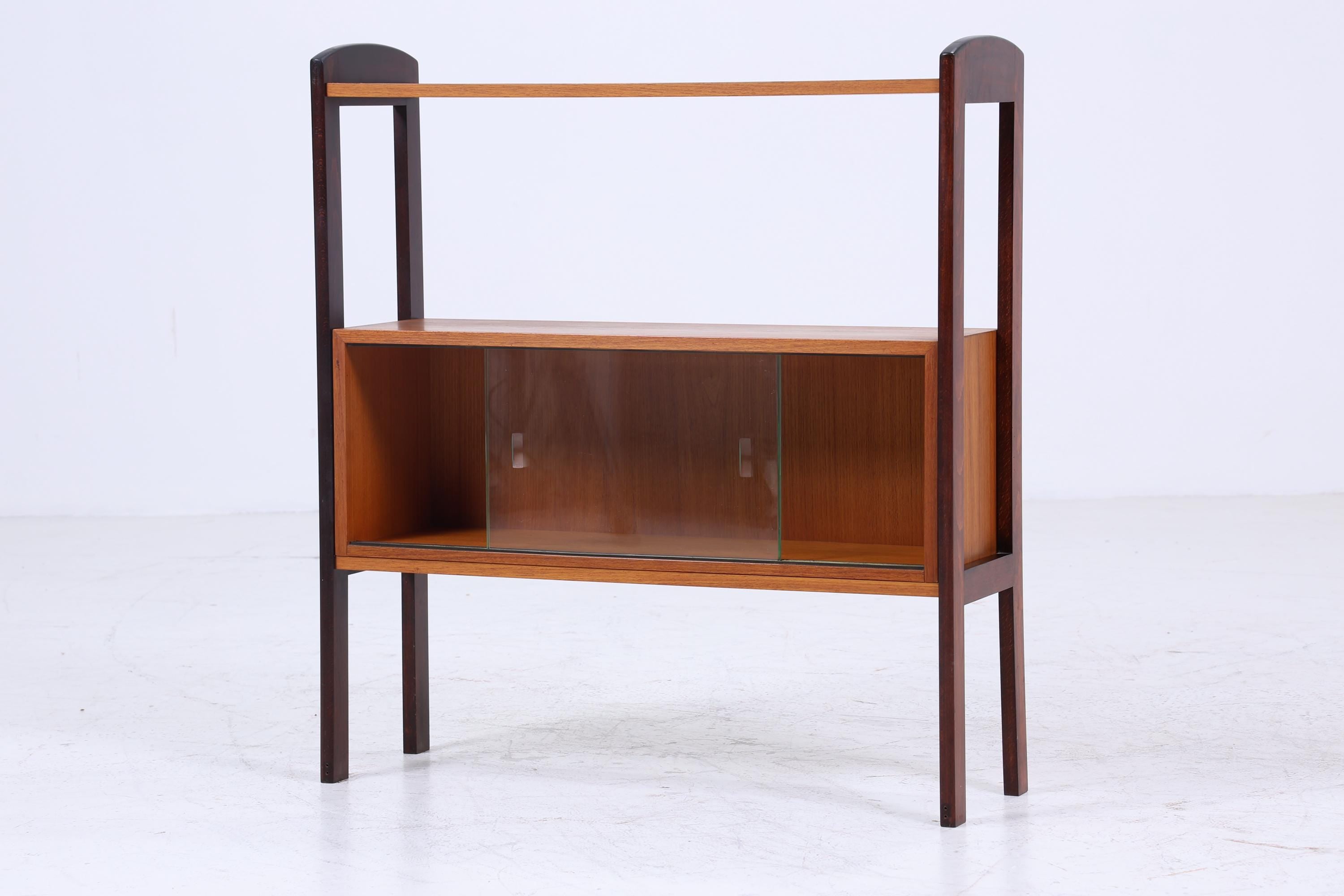Vintage Teak Glas Kommode 60er Jahre | Retro Glas Bar - Mid Century Konsolentisch Vitrine Holz Design